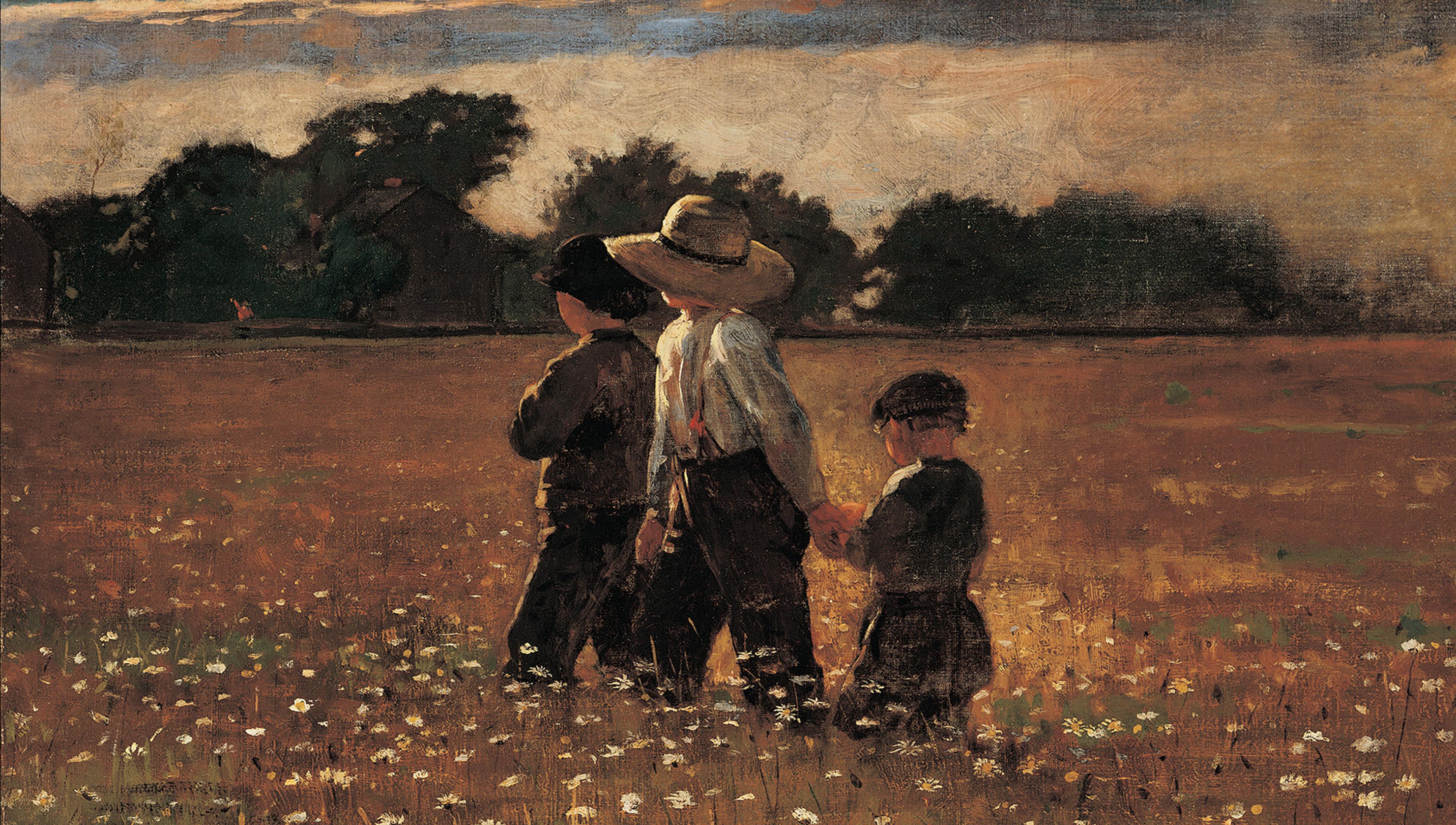 A painting depicts three children dressed in old-fashioned clothing walking through a field of wildflowers at dusk. Two older children, one wearing a large brimmed hat, lead a younger child by the hand. The background shows a line of trees against a cloudy sky with a hint of sunset.