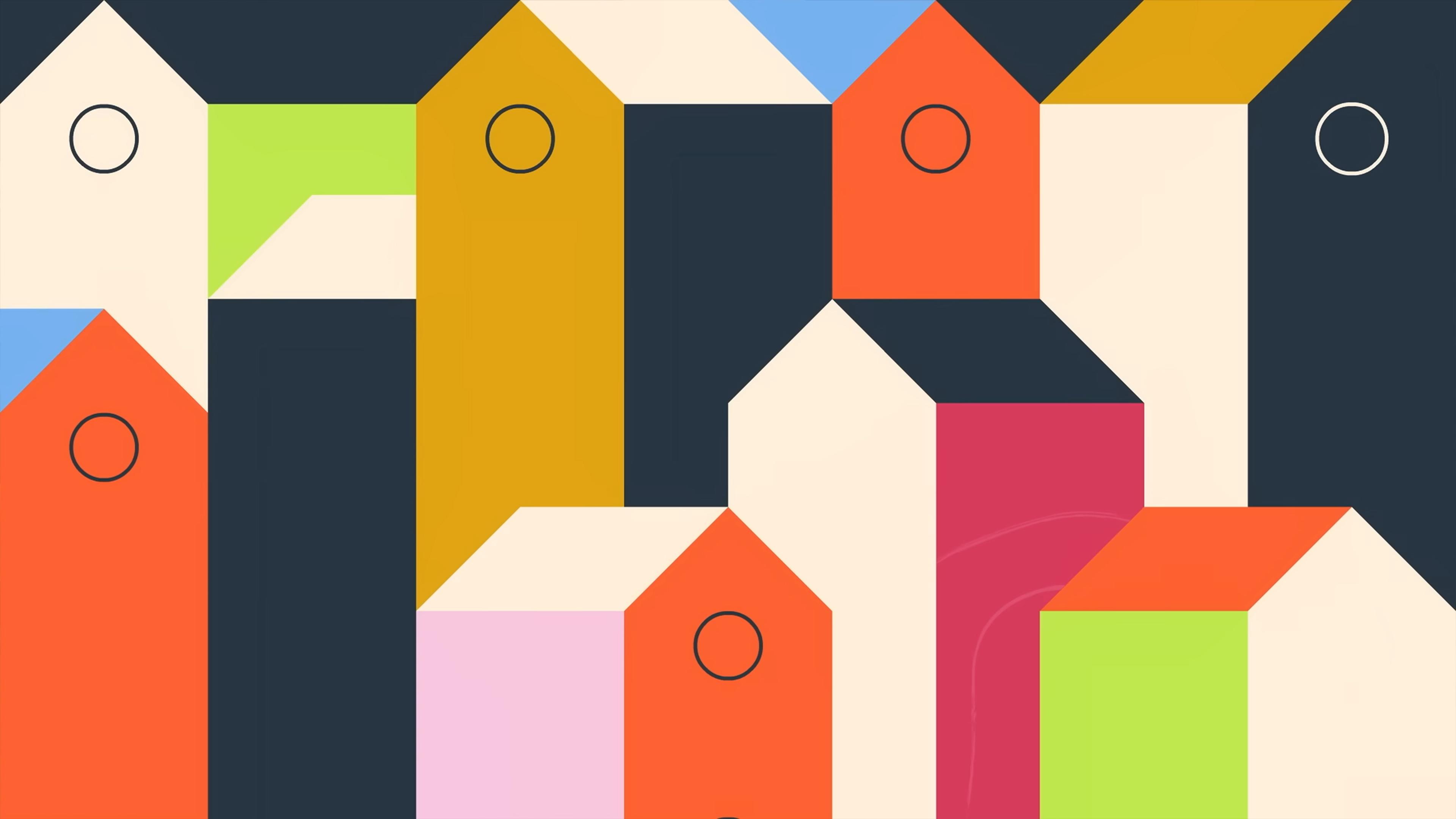 Abstract geometric pattern featuring overlapping rectangular and house-like shapes in various colours, including orange, yellow, green, pink, blue, red, and black, with circular details. The shapes create a visually intriguing mosaic-like composition.