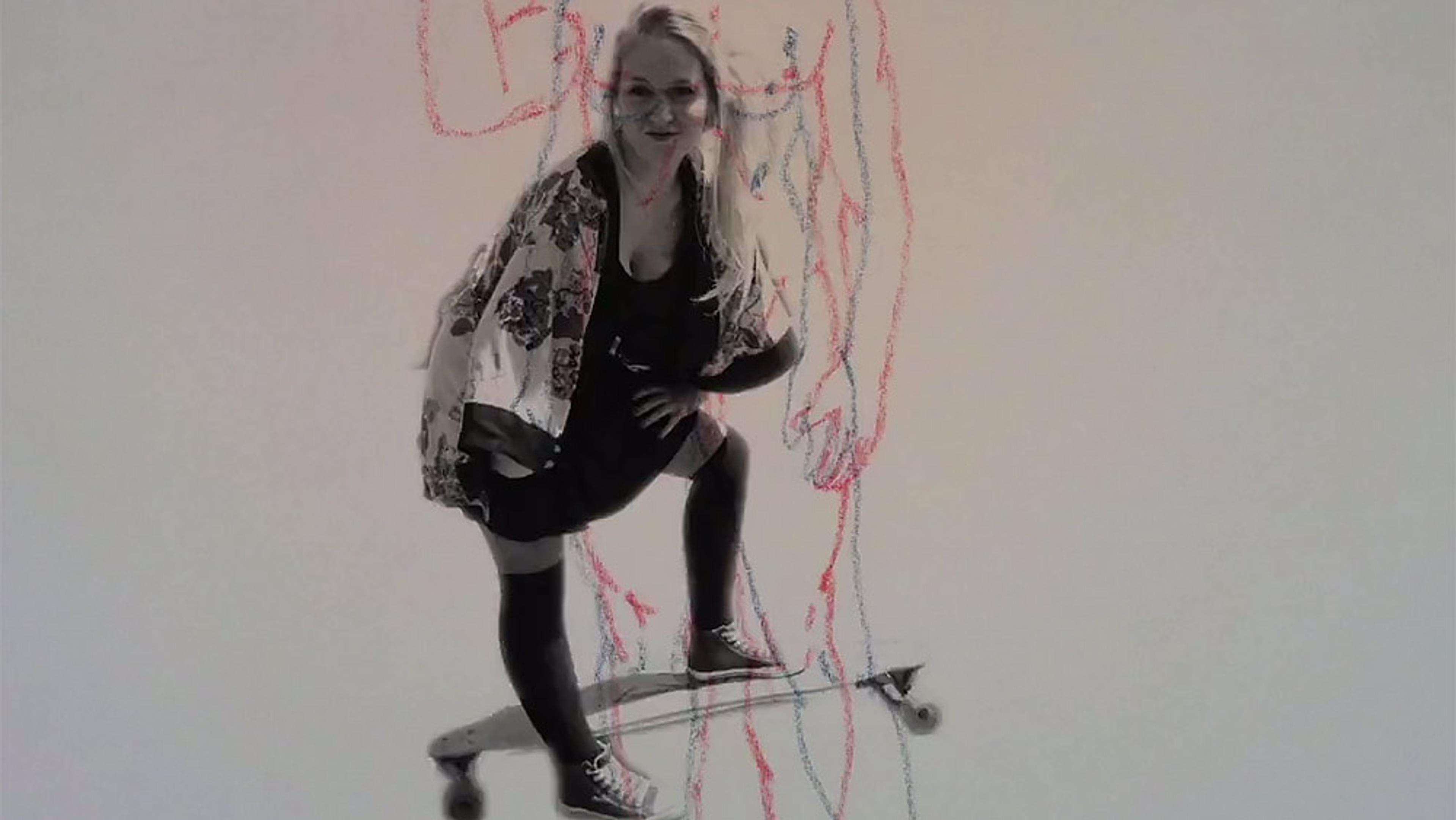 A mixed-media artwork of a woman posing on a skateboard, with hand-drawn red and blue line sketches overlaying the photo.