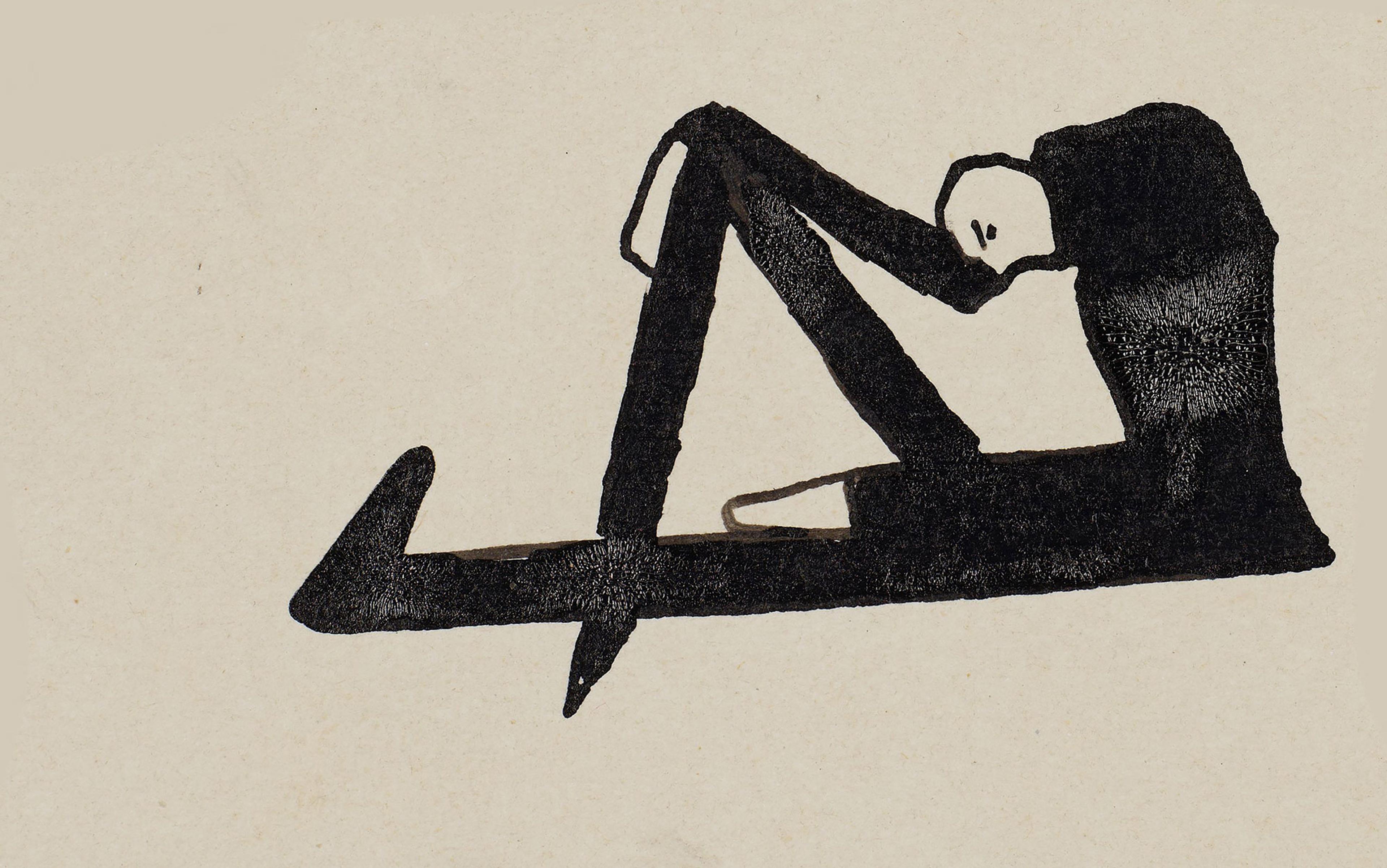 Minimalist drawing of a figure sitting with one leg bent and head resting on hands, rendered in black ink on a beige background.