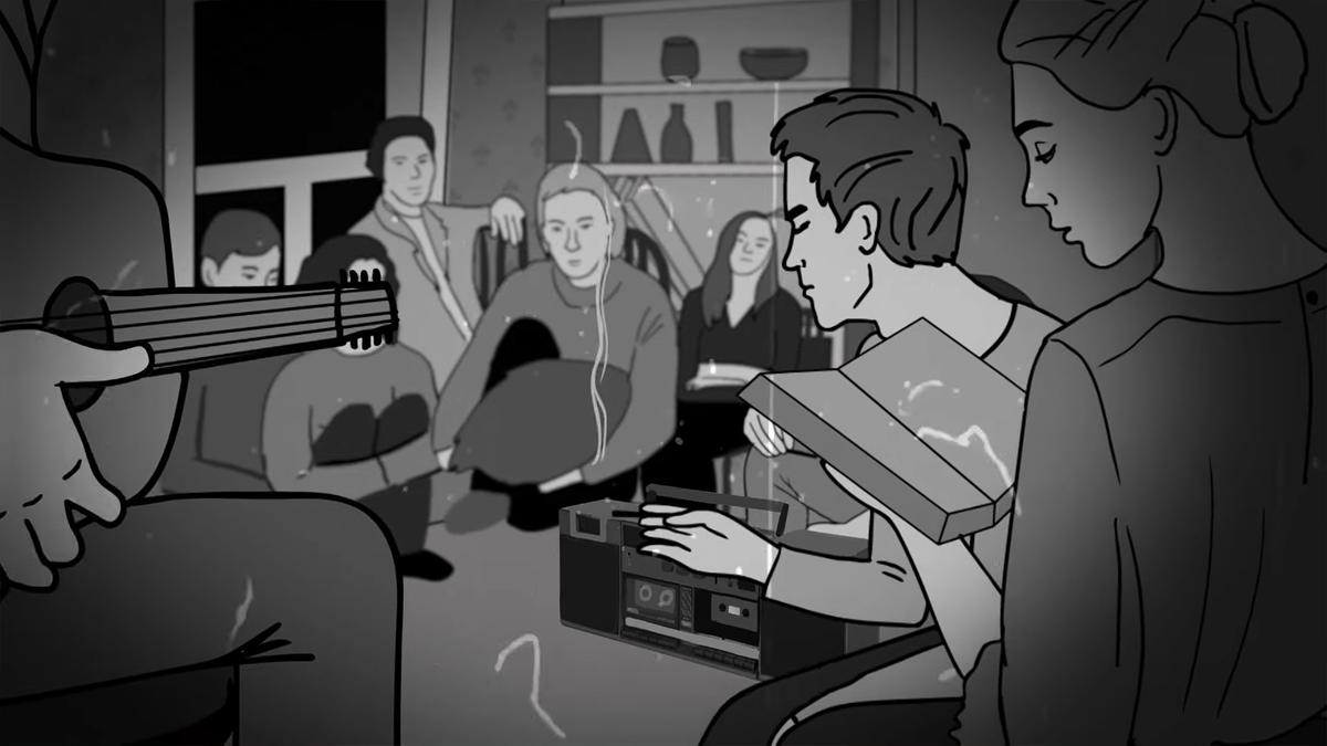Black-and-white illustration of a group of people in a room with a cassette player, a person holding a guitar, and a person reading a book.