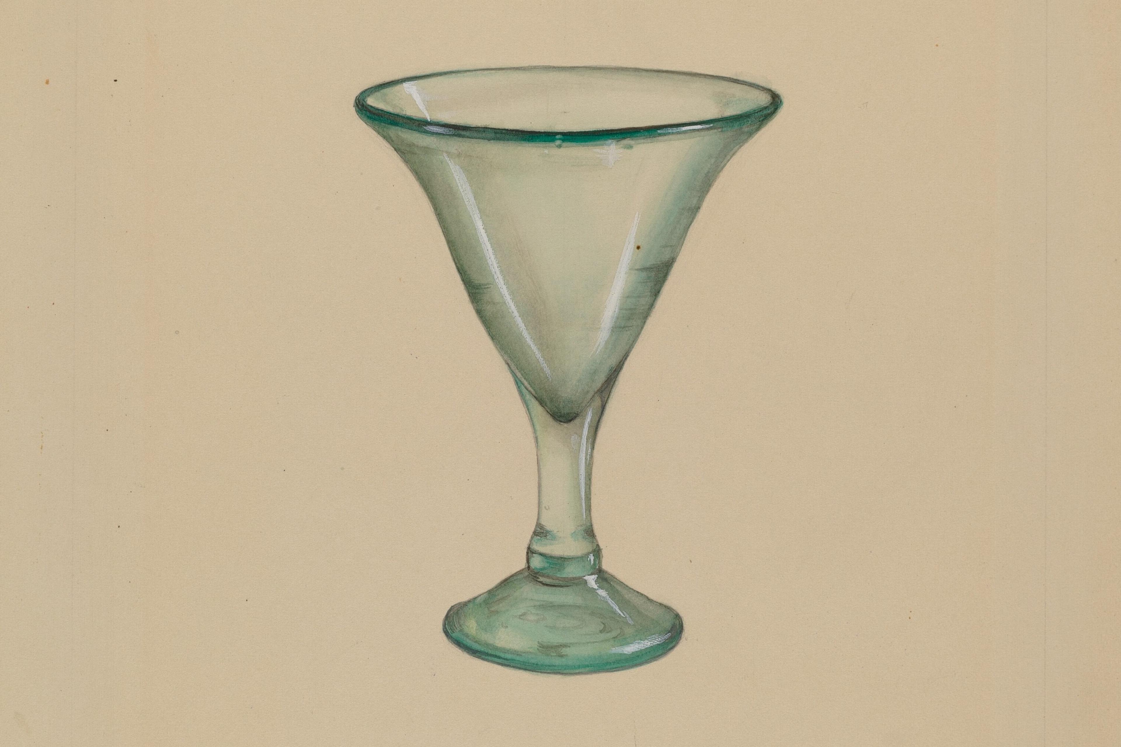 Painting of a vintage green wine glass on a beige background.