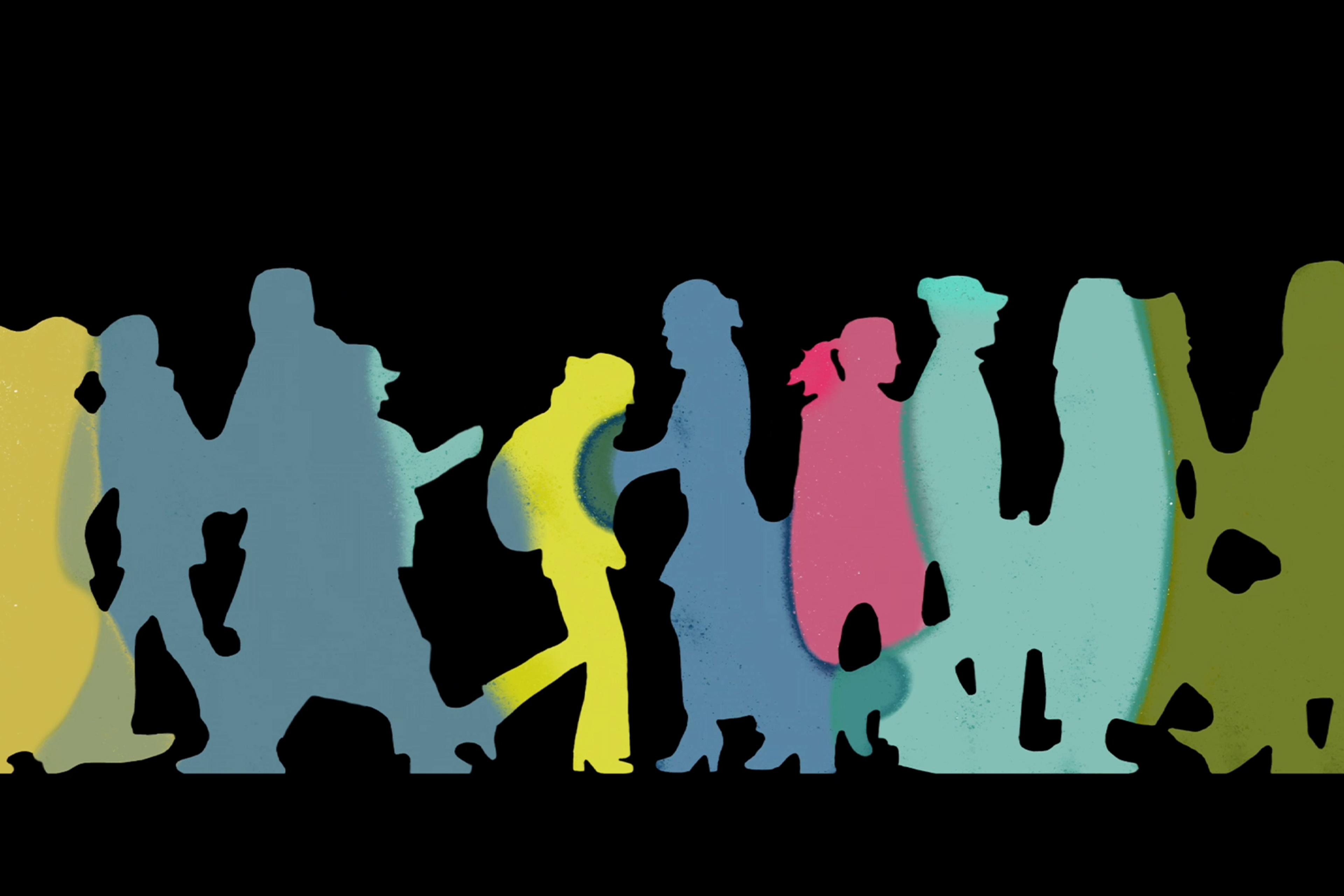 Graphic silhouettes of people in various vibrant colours, walking side by side against a black background.