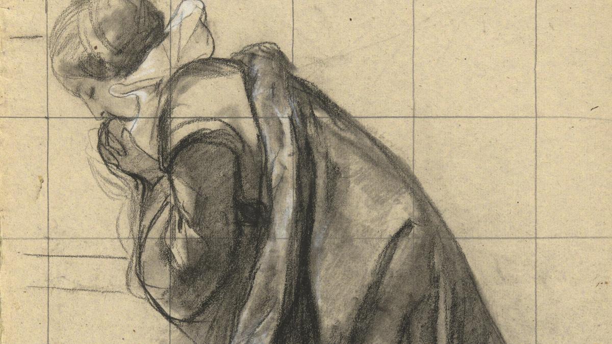 Sketch of a woman in historic attire with hands clasped, head bowed, drawn on gridded paper.