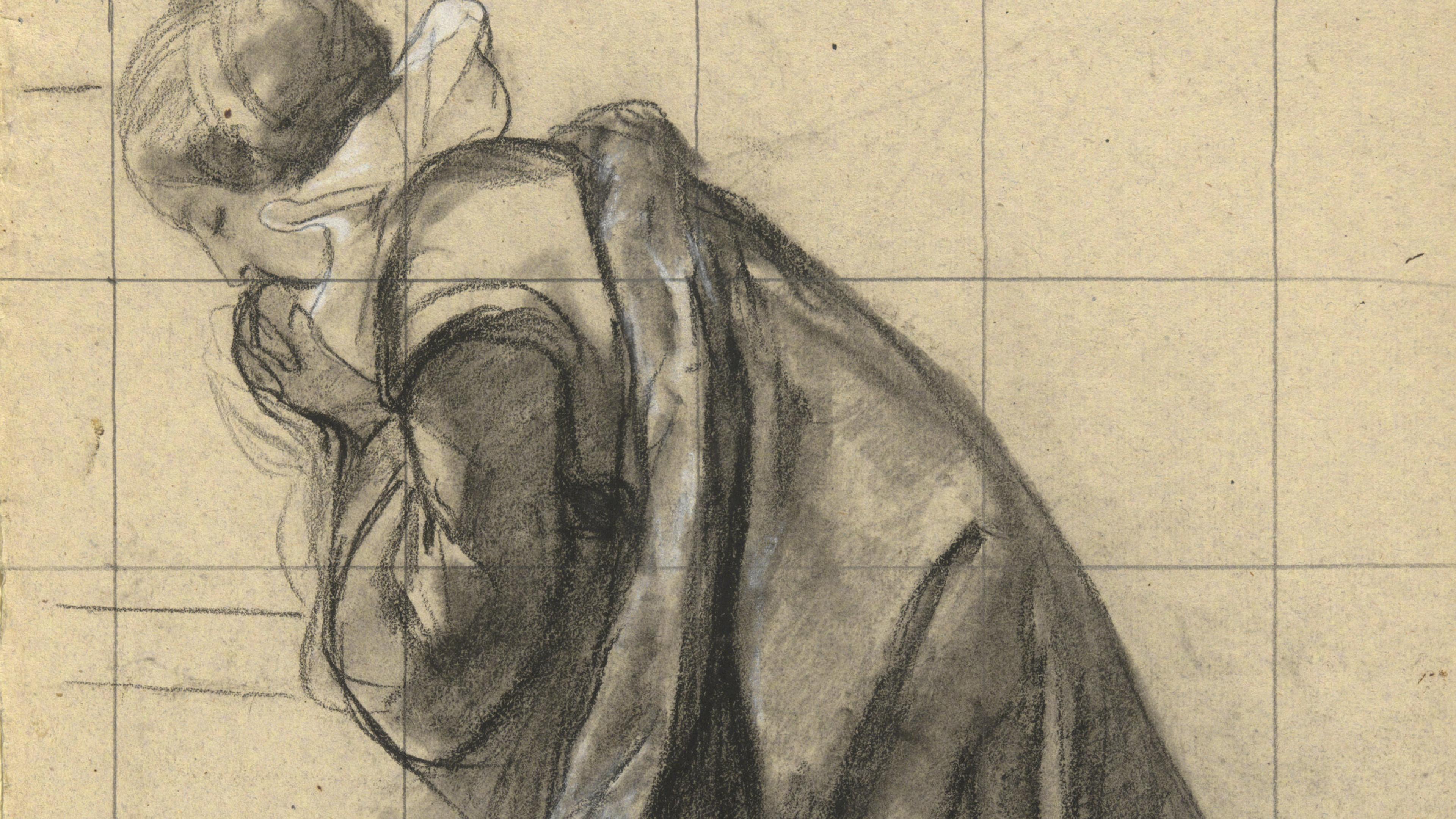 Sketch of a woman in historic attire with hands clasped, head bowed, drawn on gridded paper.