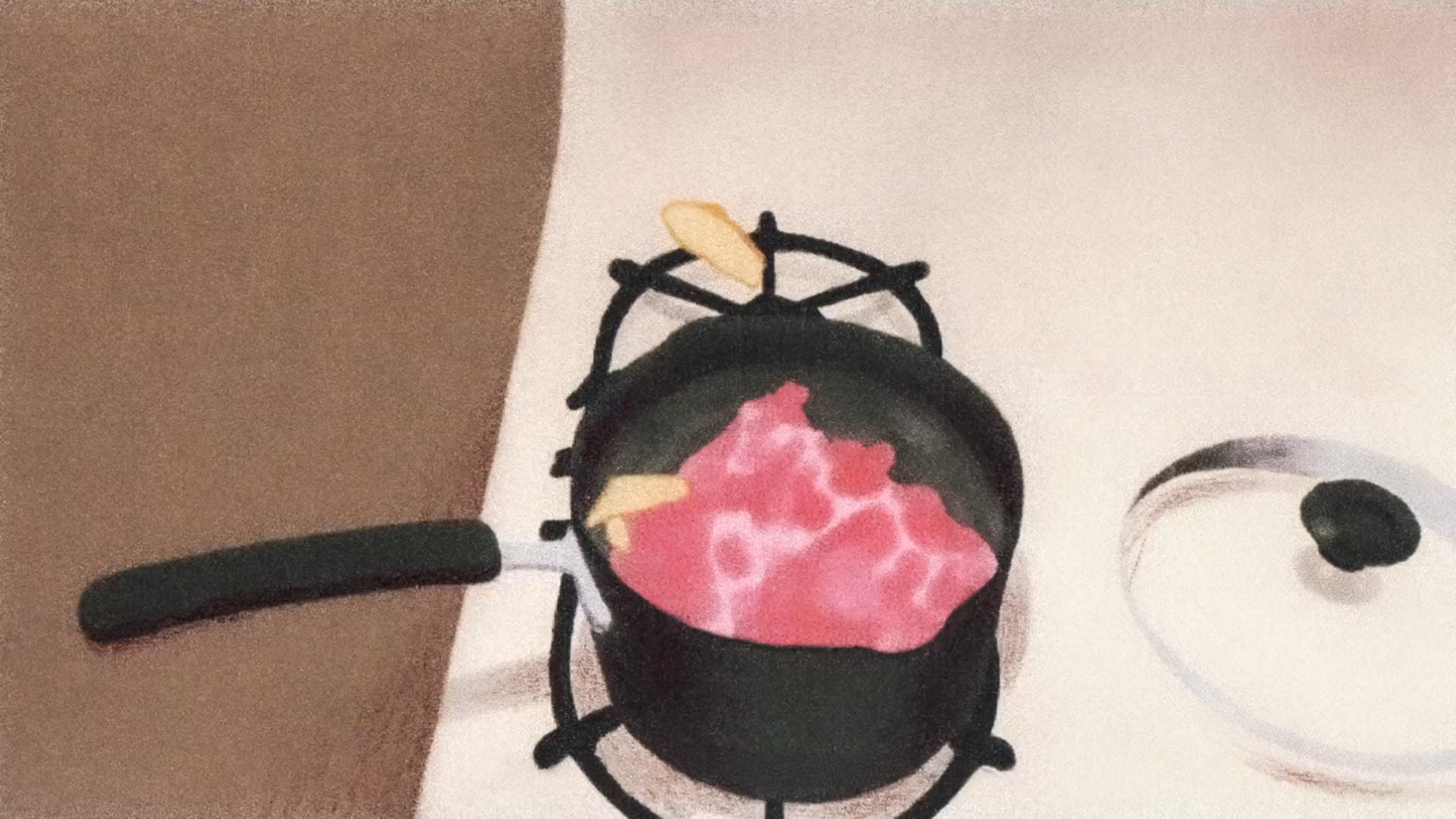 Illustration of a saucepan on a stove with raw meat and ginger, a pot lid is nearby on the right.