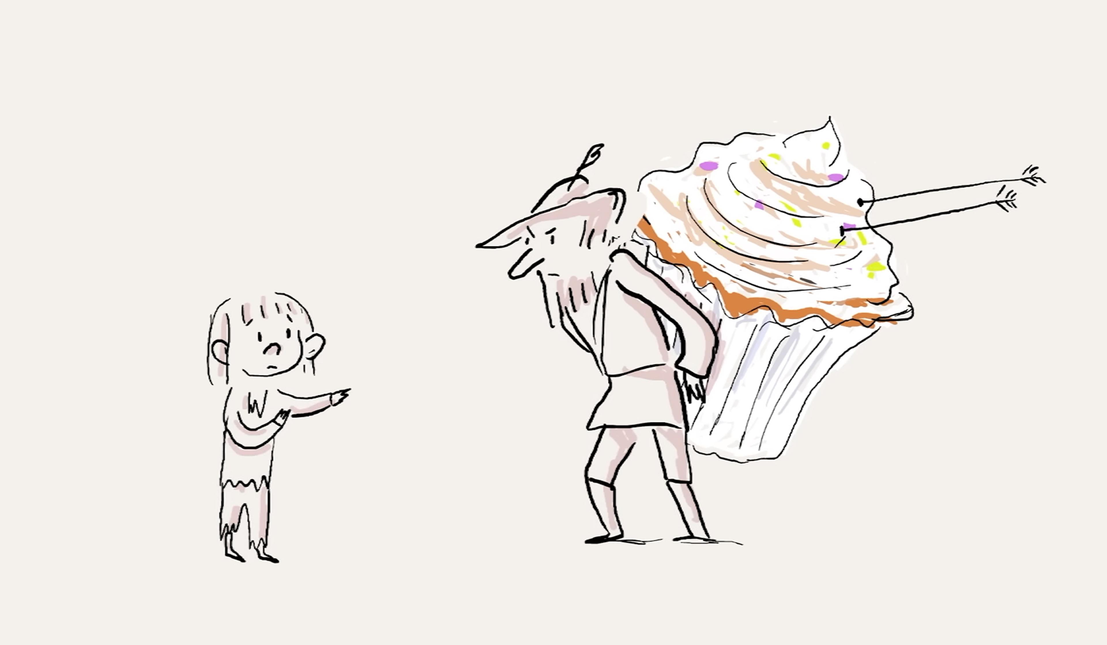 Drawing of a child pointing at a person carrying a giant cupcake, with an arm and hand emerging from the frosting.