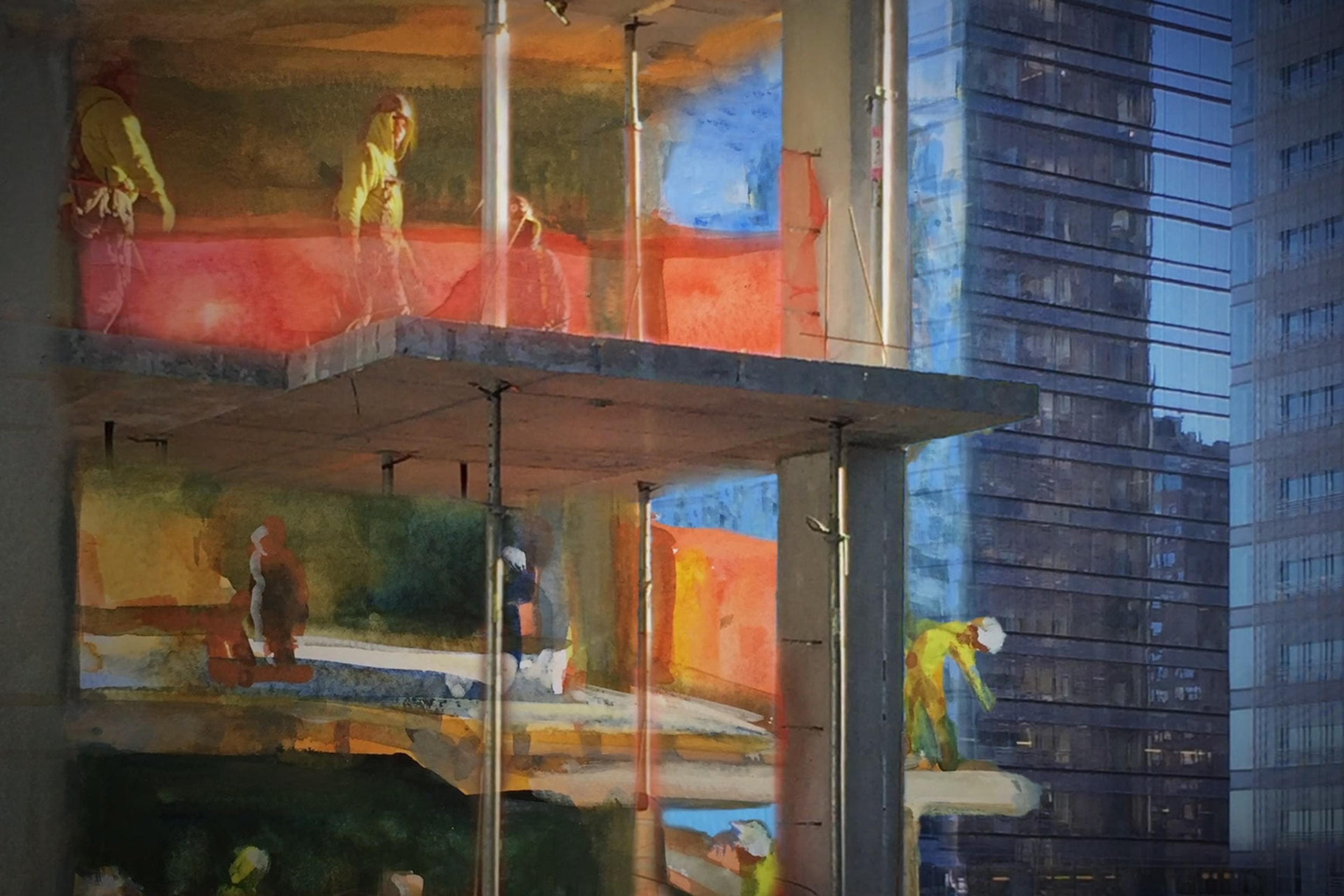 Painting of a building under construction with workers in yellow jackets, blue and red backgrounds, and a neighbouring skyscraper with reflections.