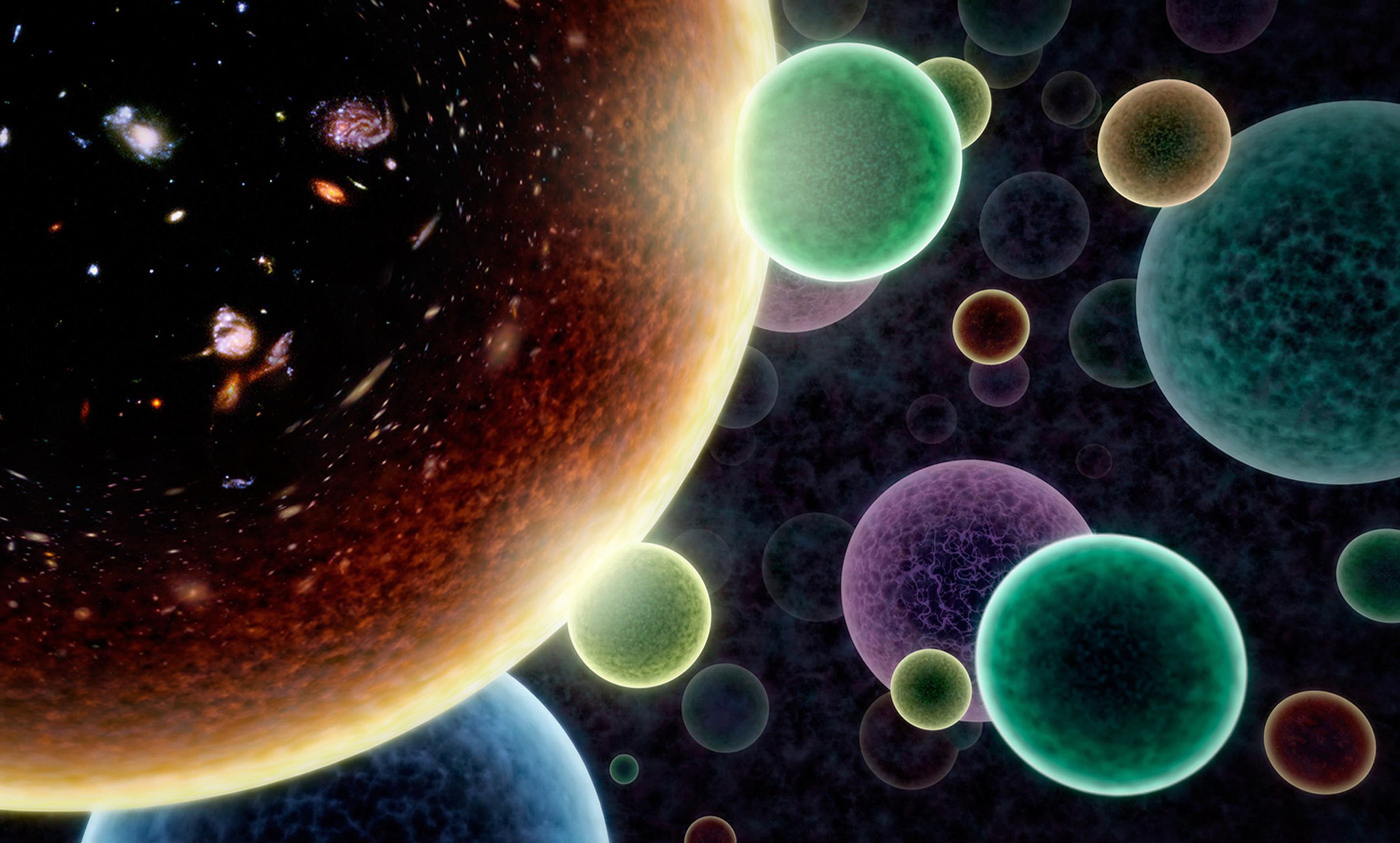 <p>Artwork illustrating the concept of an alternate ‘bubble’ universe in which our universe (left) is not the only one. Some scientists think that bubble universes may pop into existence all the time, and occasionally nudge ours. <em>NASA/JPL-Caltech/R. Hurt (IPAC)</em></p>