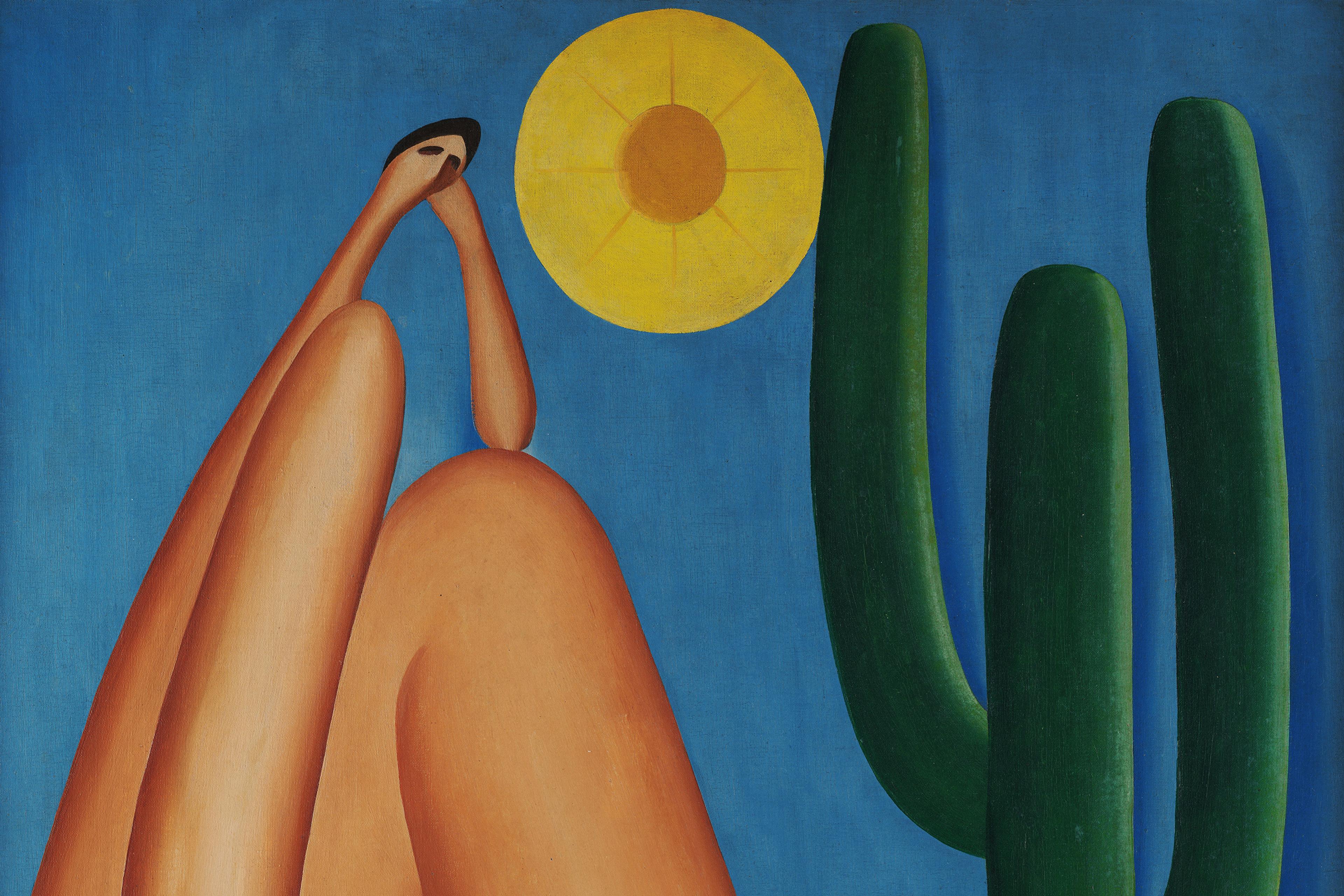 Painting of a abstracted figure resting their head on their hand, a sun, and cactus on a blue background.