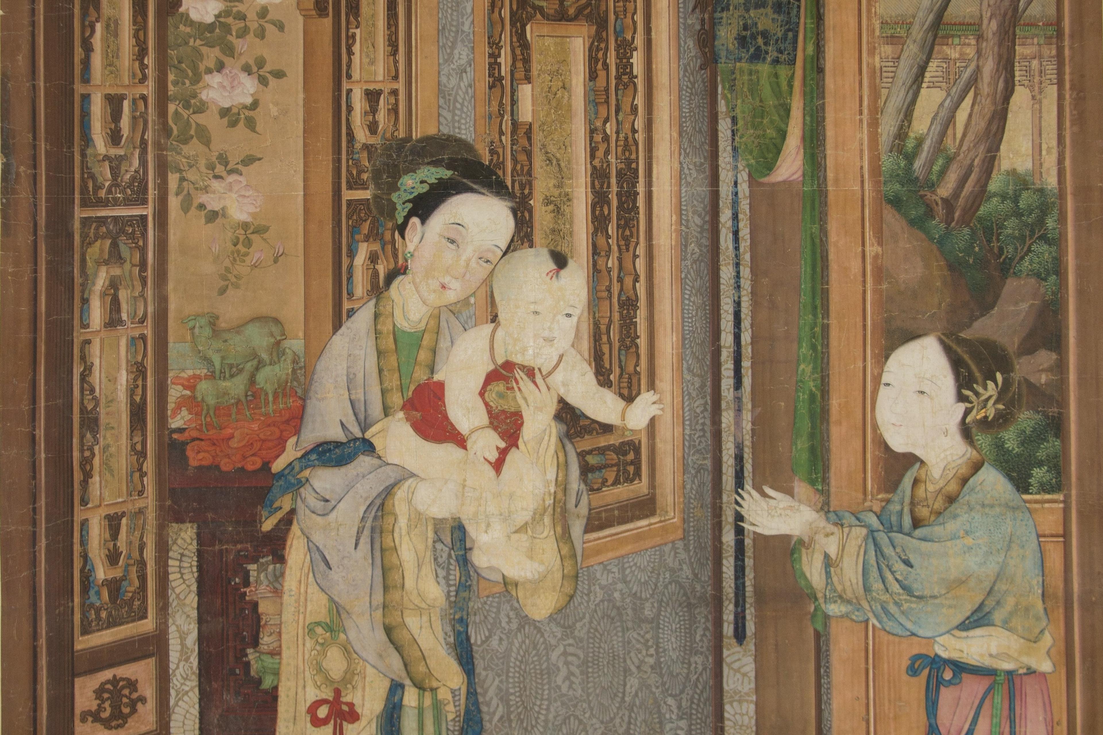Painting of two women in traditional dress holding a baby in a detailed interior setting with carved wood and patterns.