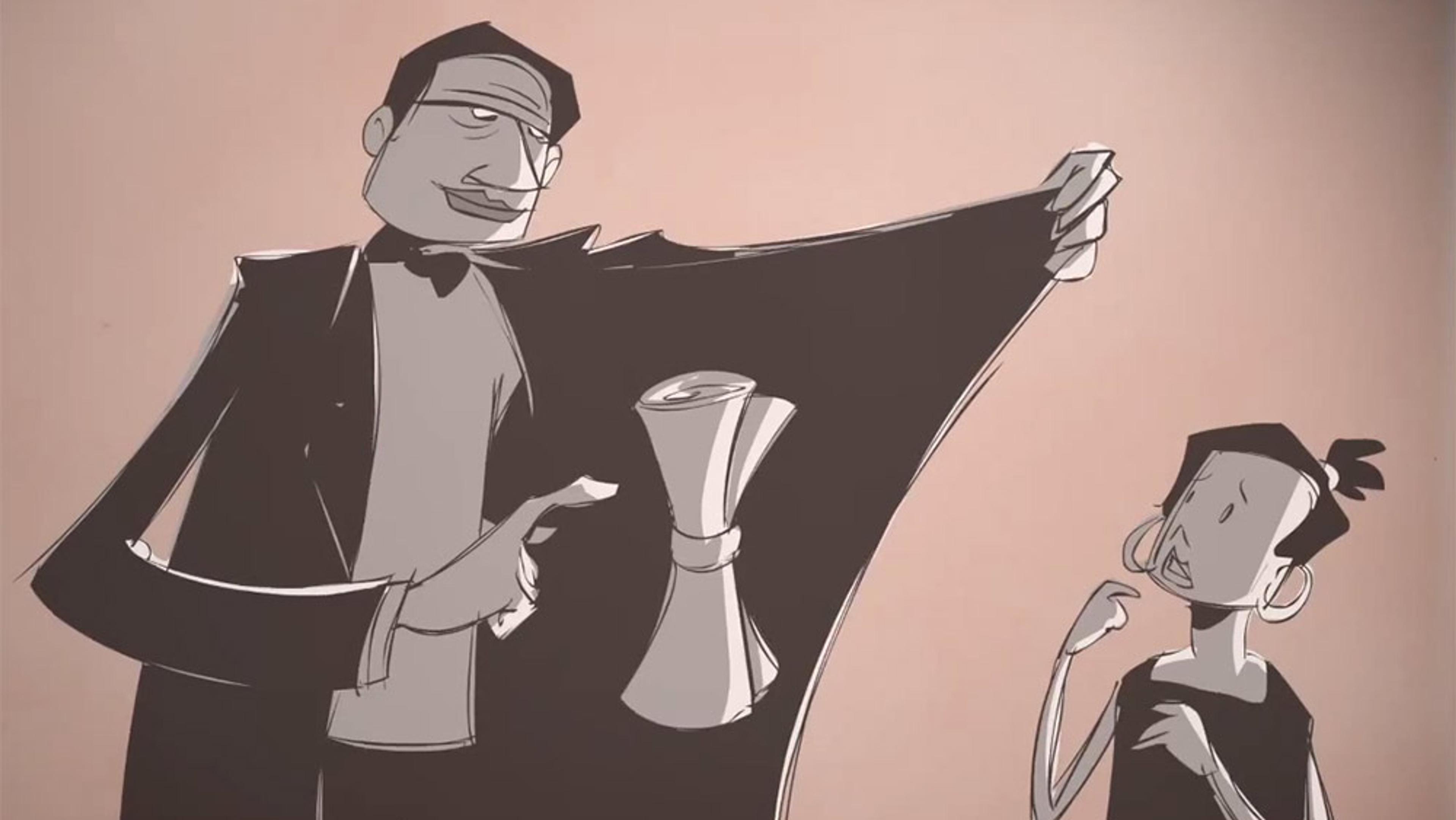 Cartoon drawing of a man in a suit holding a scroll under his coat, while a concerned woman looks on next to him.