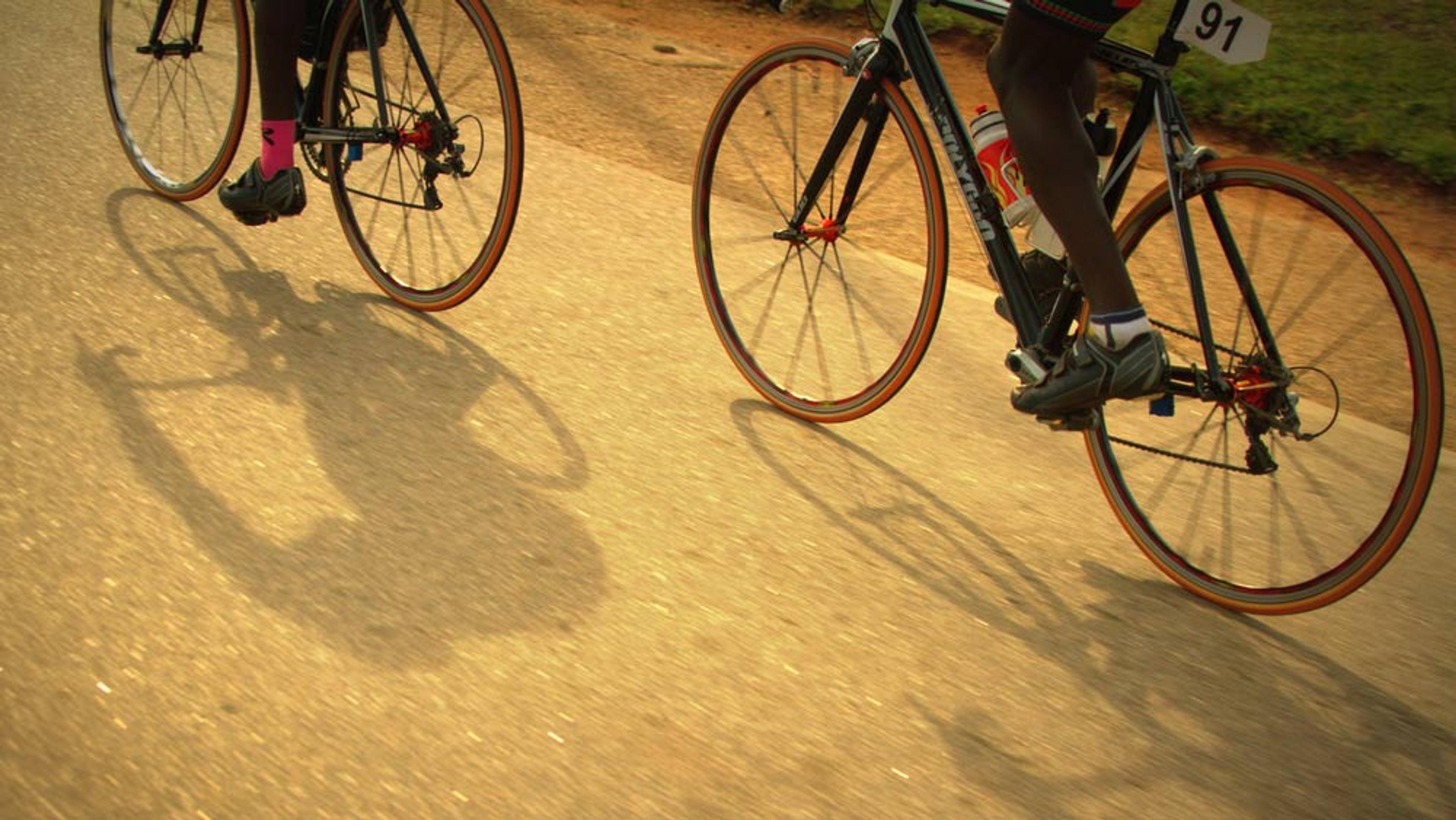 Two cyclists riding on a sunlit road, with their shadows cast on the ground and part of the grass verge visible.