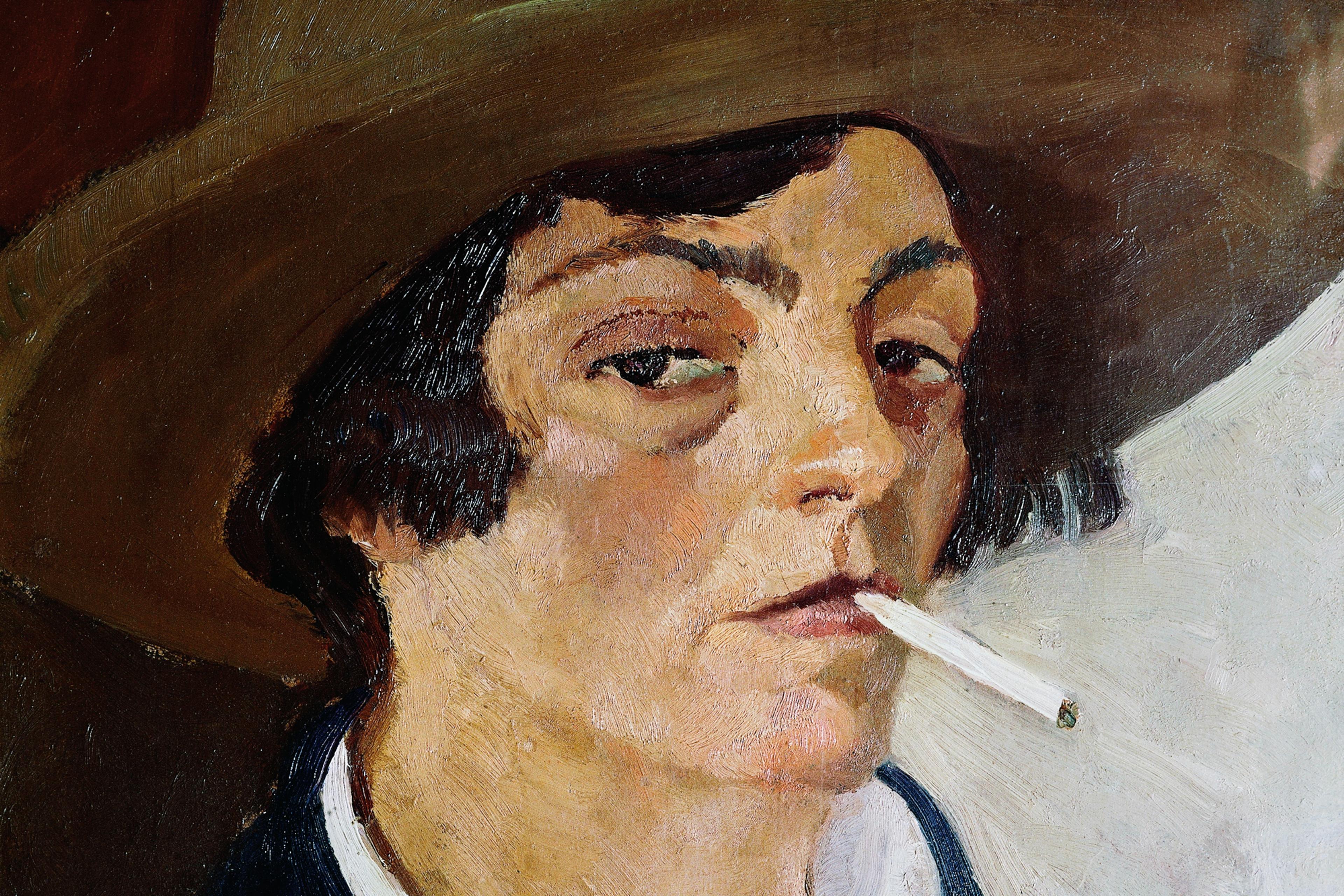 Painting of a person in a hat smoking a cigarette, with a confident expression and a slightly tilted head.