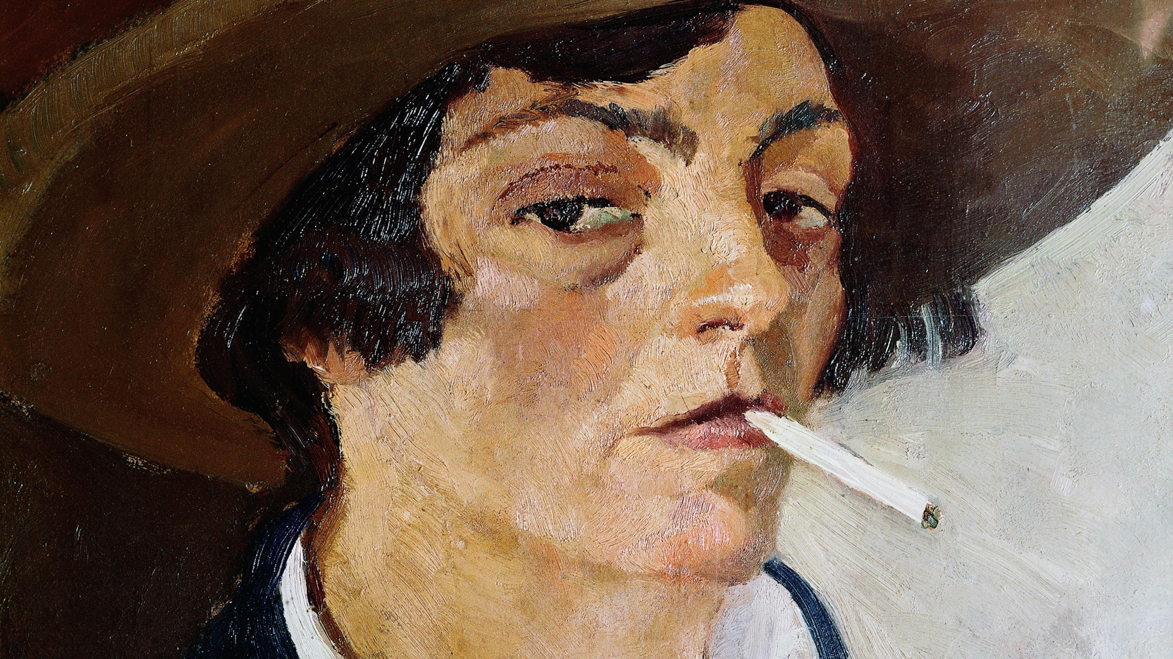 Painting of a person in a hat smoking a cigarette, with a confident expression and a slightly tilted head.