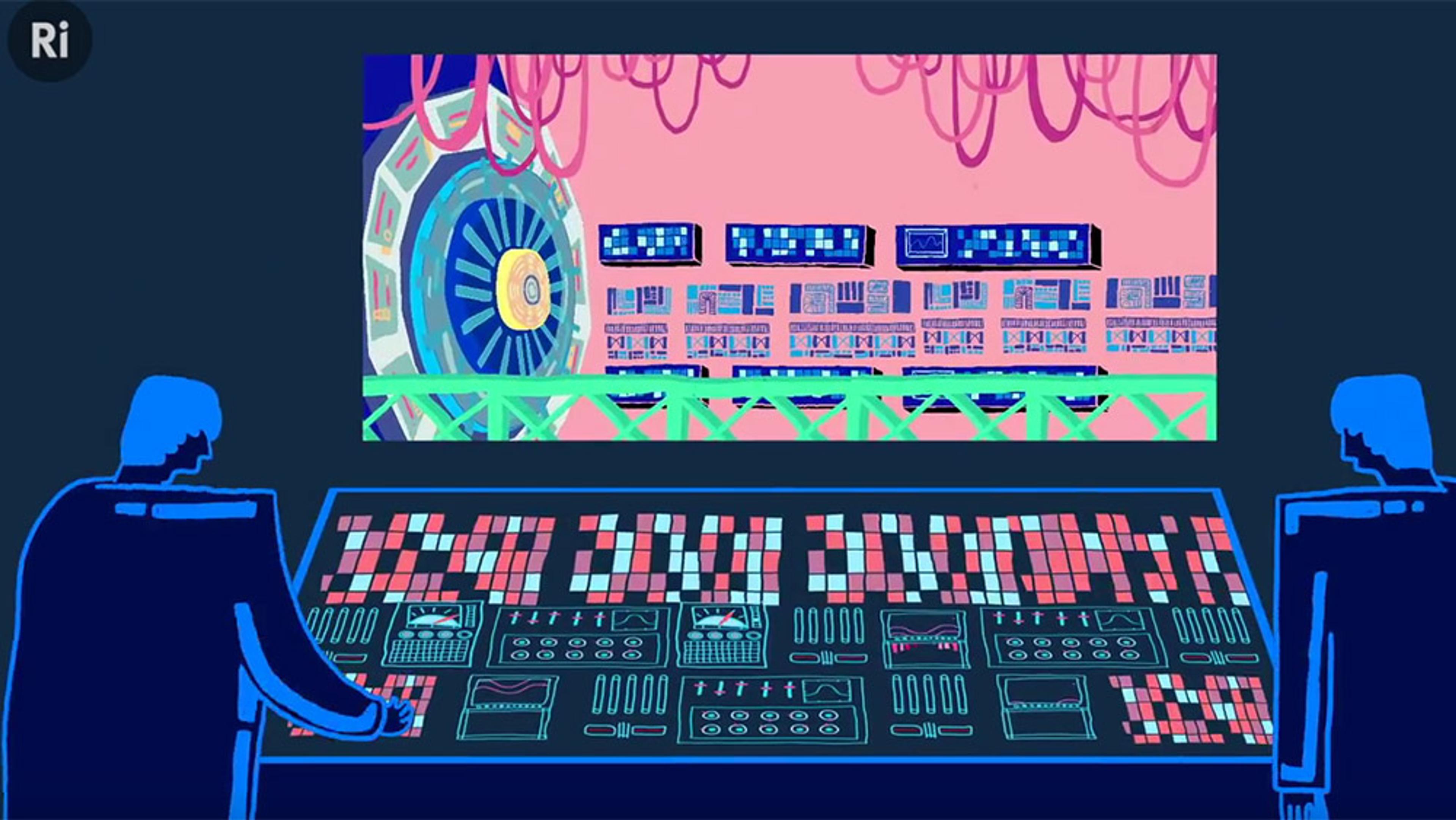 Illustration of two people at a control panel with screens and machinery in the background, featuring vibrant colours and abstract design.