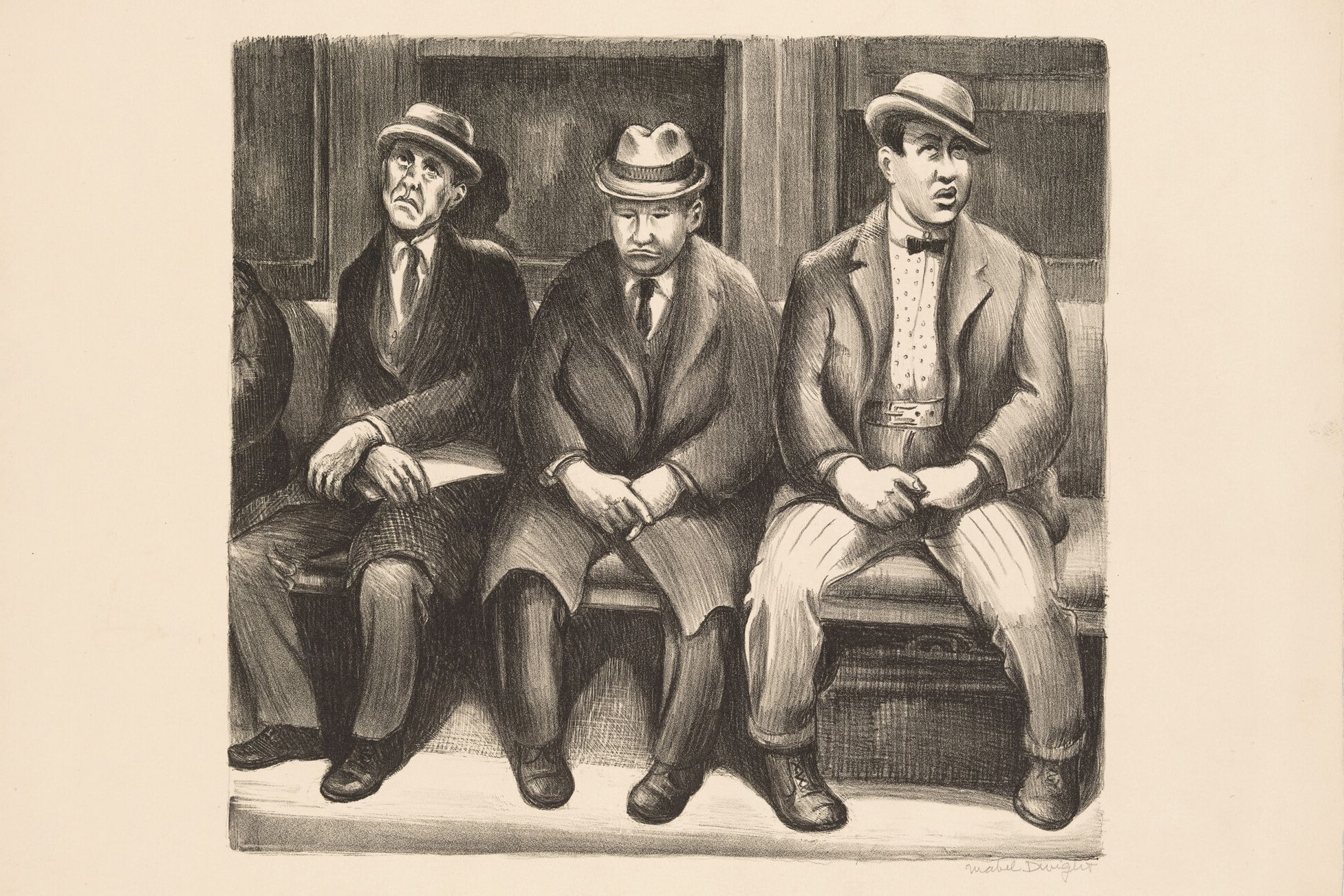Black and white drawing of three men in hats sitting on a bench, each with distinct expressions and postures.