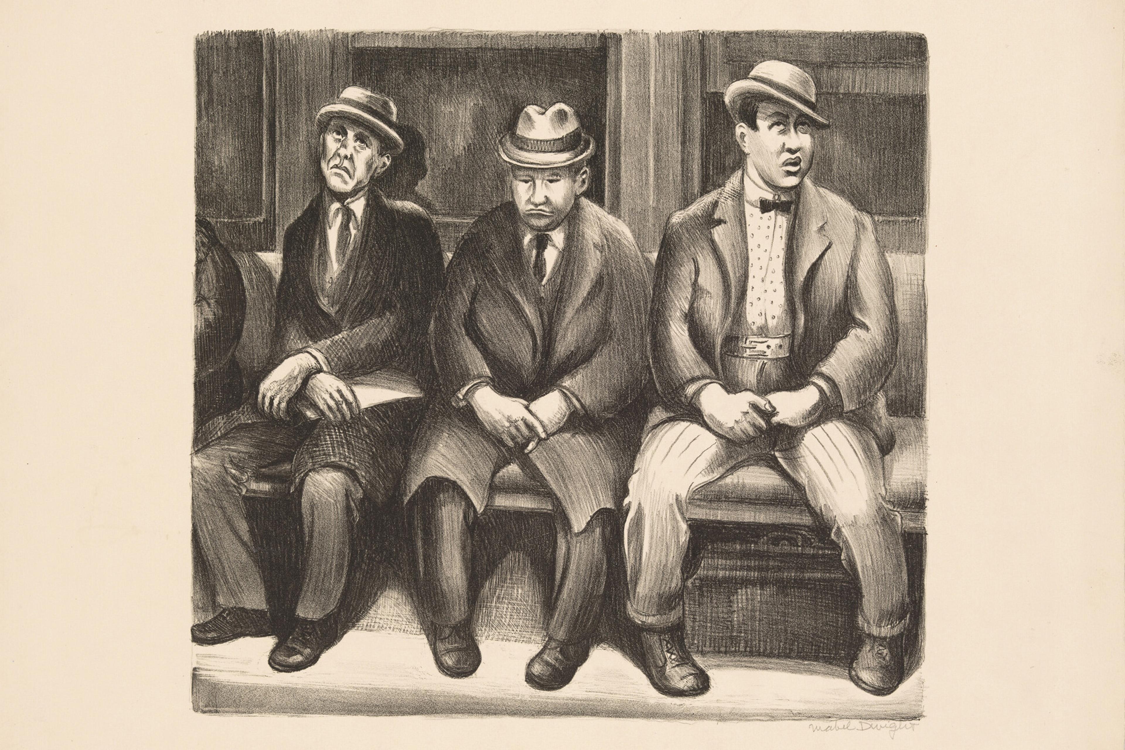 Black and white drawing of three men in hats sitting on a bench, each with distinct expressions and postures.