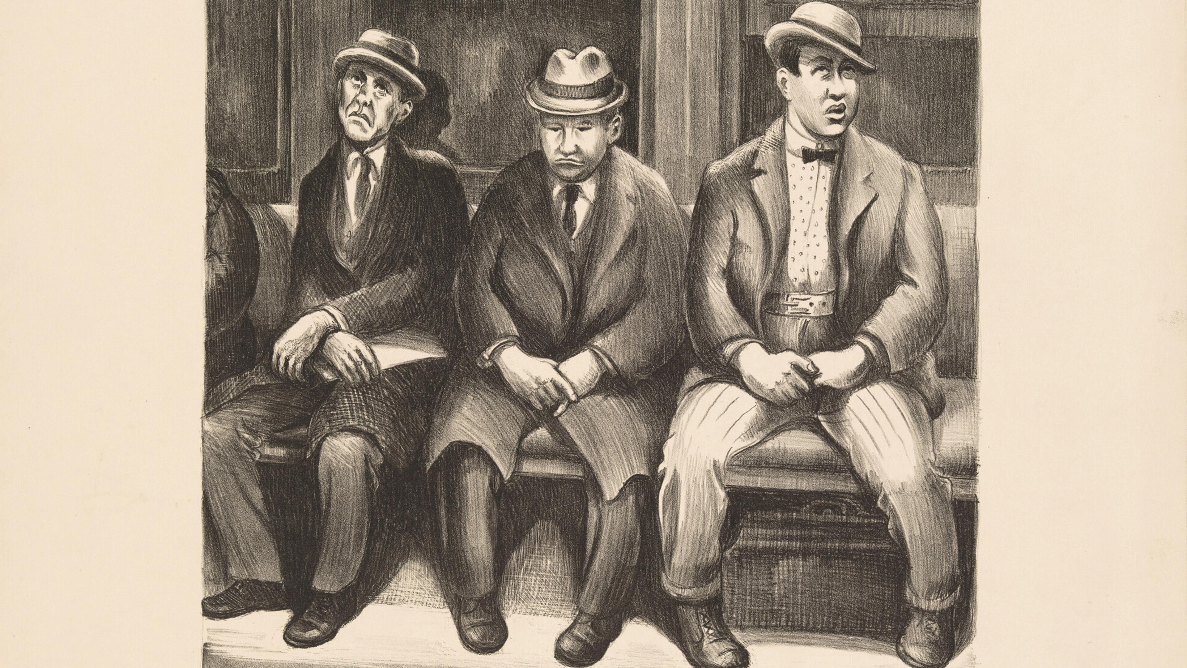 Black and white drawing of three men in hats sitting on a bench, each with distinct expressions and postures.