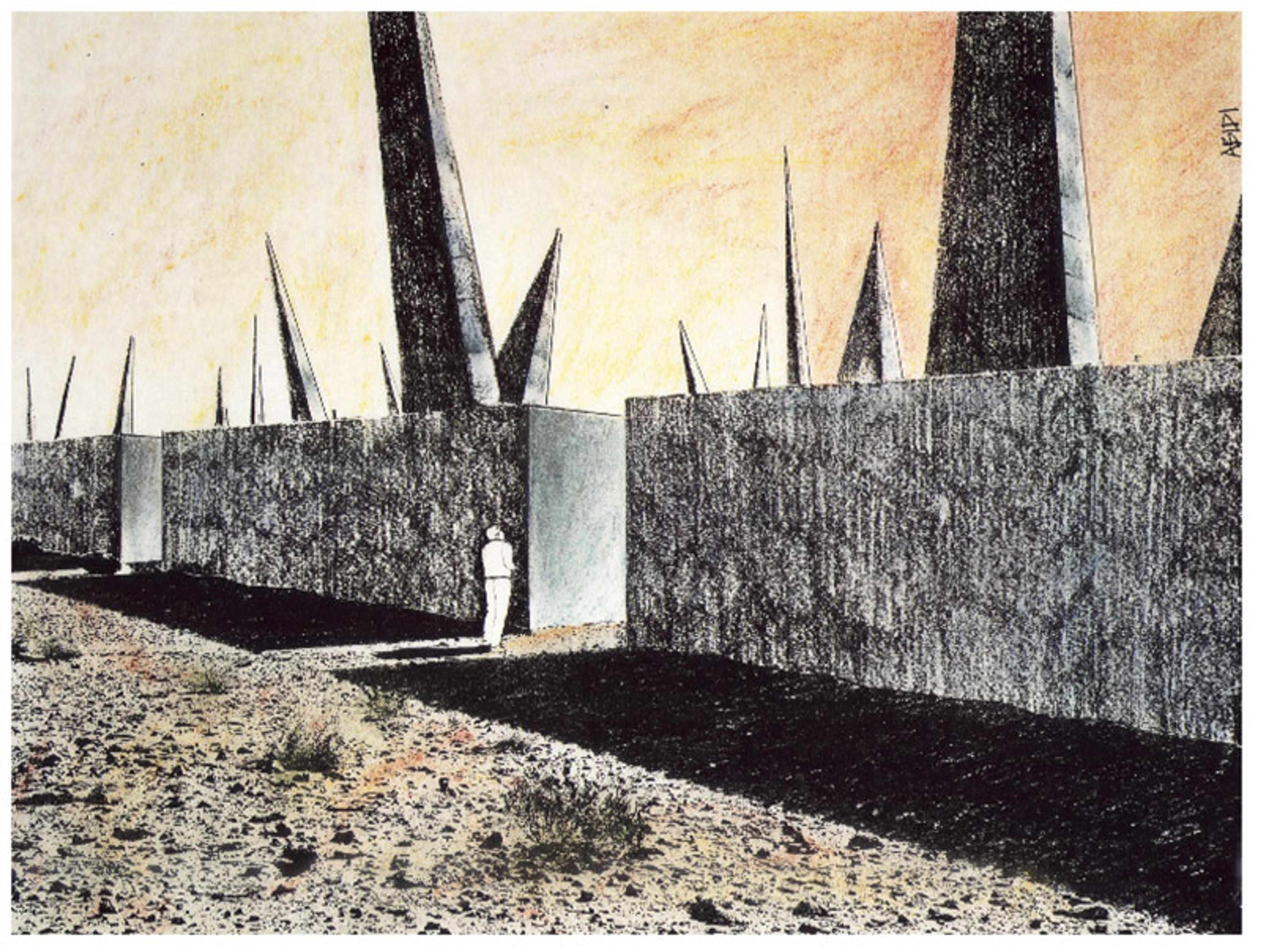 A painting of a lone figure walking beside large textured walls in a desolate landscape with sharp, angular structures in the background.