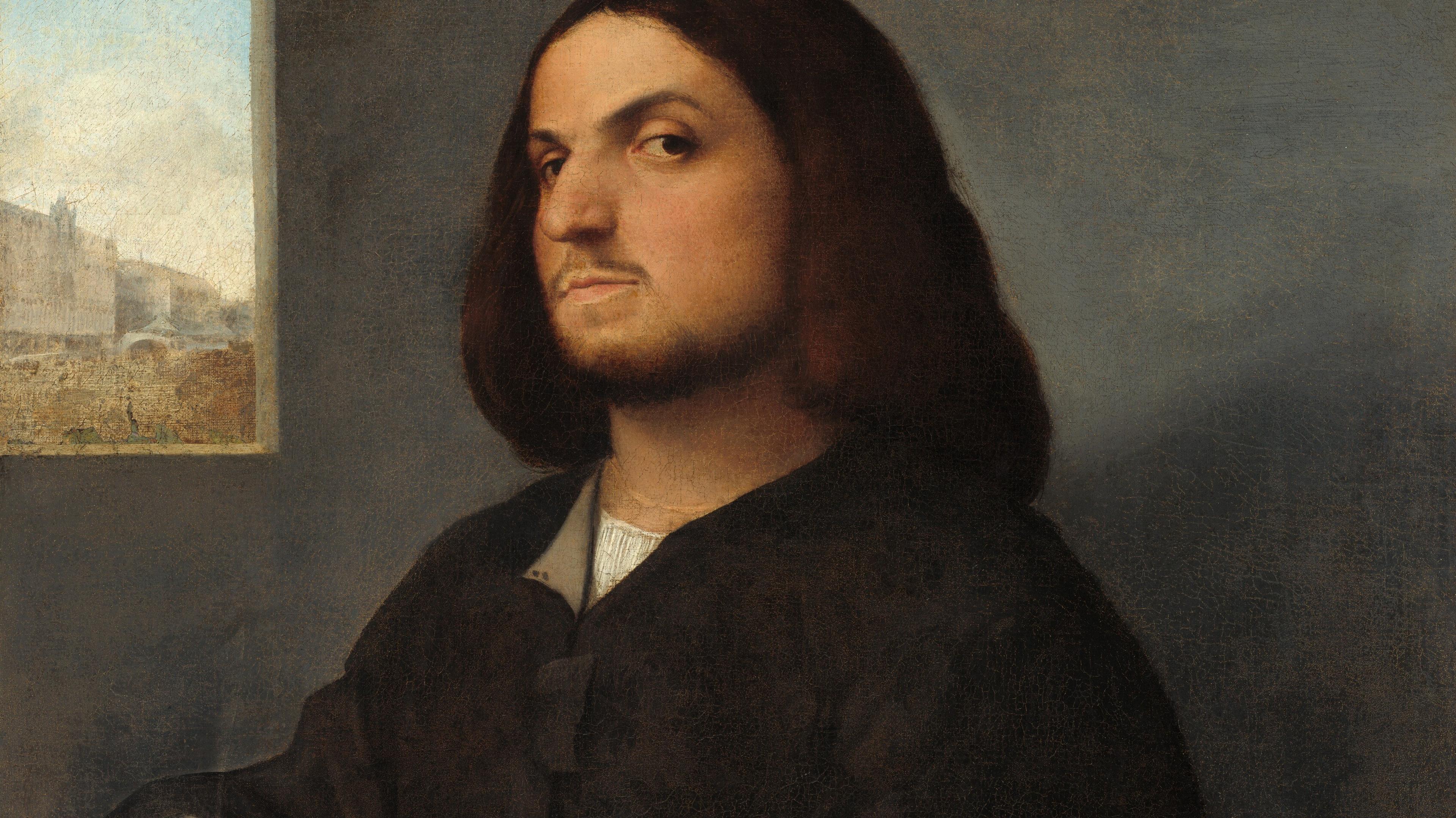 Painting of a man with medium-length hair in dark clothing, seated near a window with a city view, holding a book.