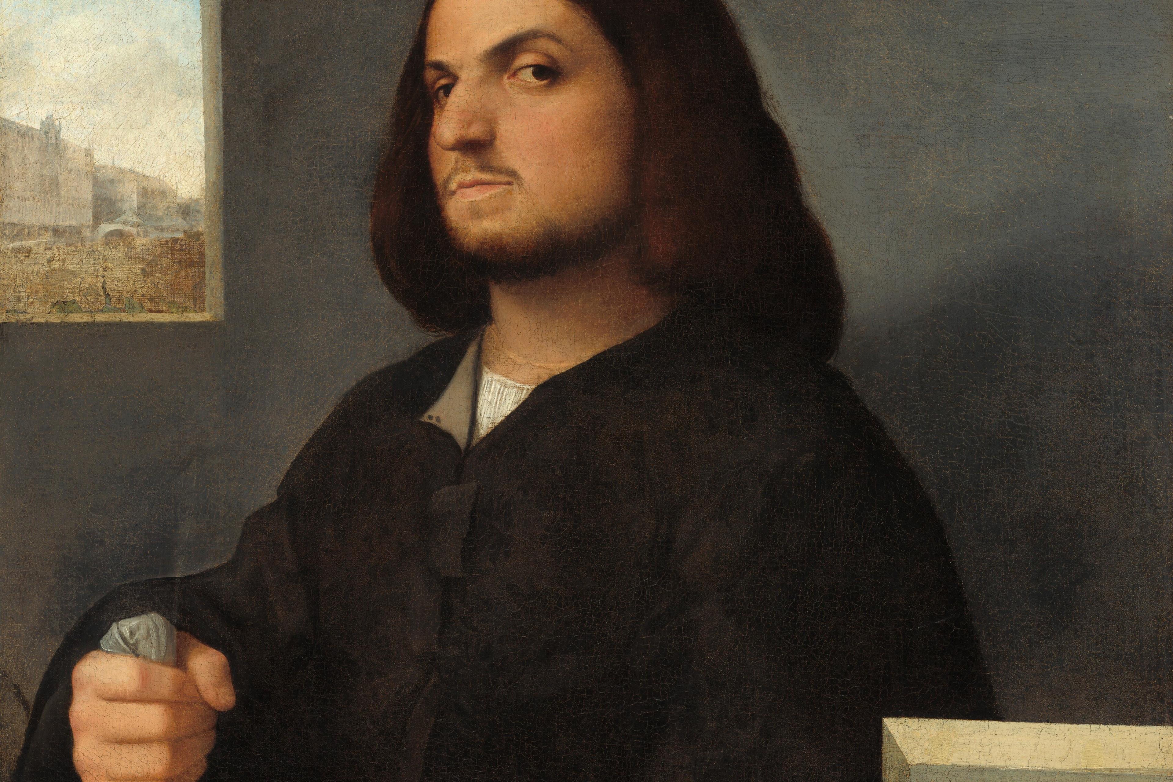 Painting of a man with medium-length hair in dark clothing, seated near a window with a city view, holding a book.