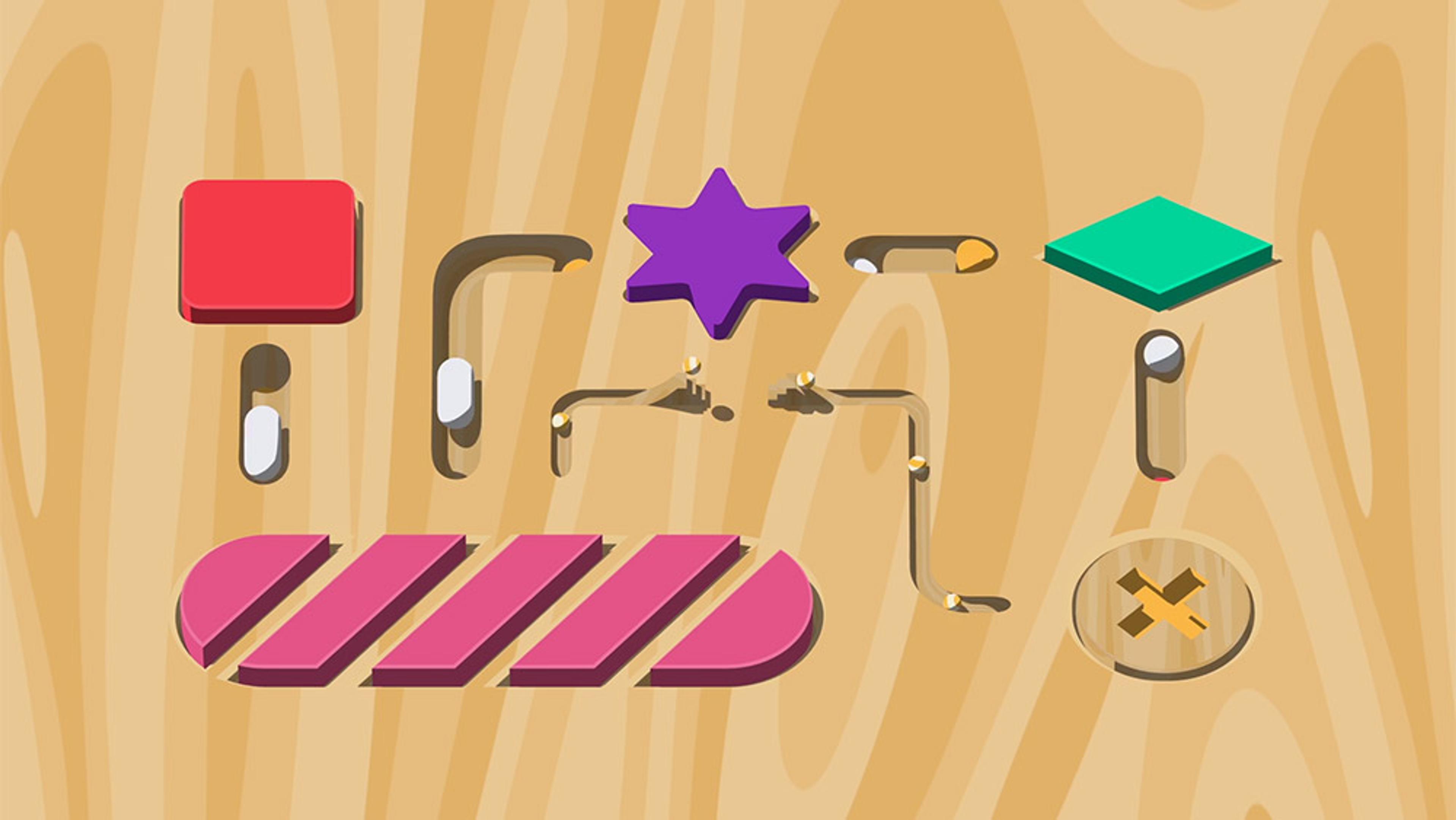 Abstract digital art with colourful geometric shapes and lines on a wood-like background.