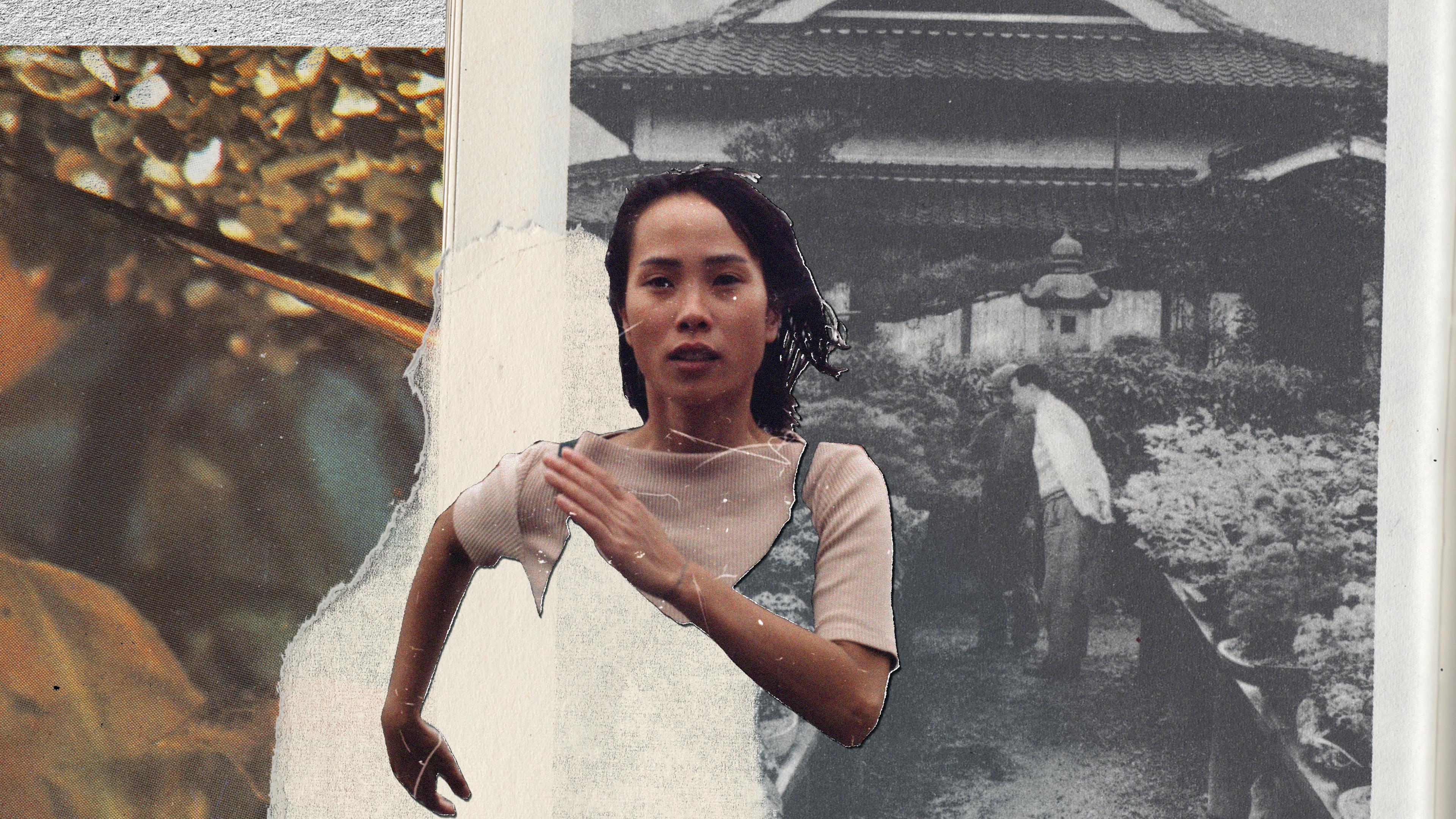 Collage featuring a cut-out photo of woman running overlaid on vintage photos.