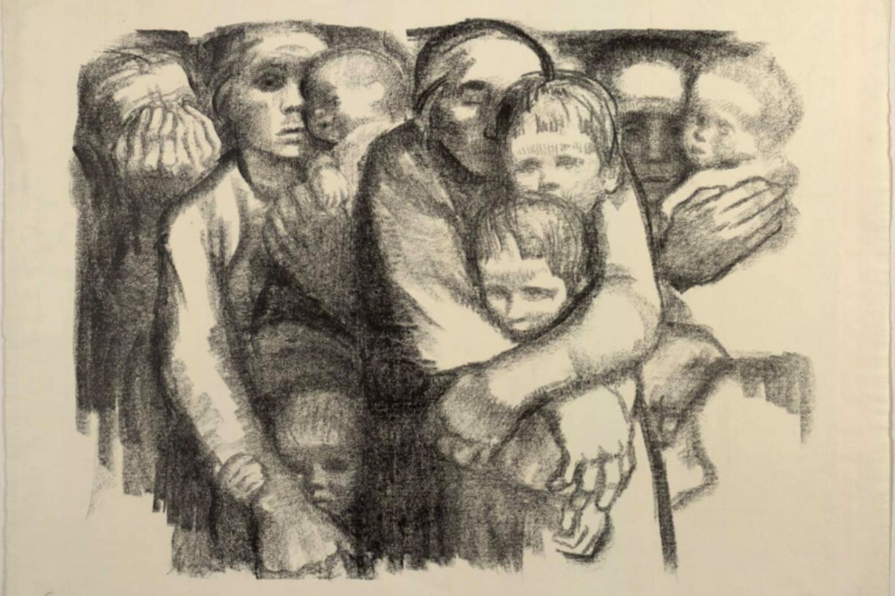 Charcoal drawing of a group of people huddled together, showing expressions of sorrow and comfort in monochrome.