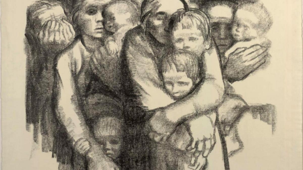 Charcoal drawing of a group of people huddled together, showing expressions of sorrow and comfort in monochrome.