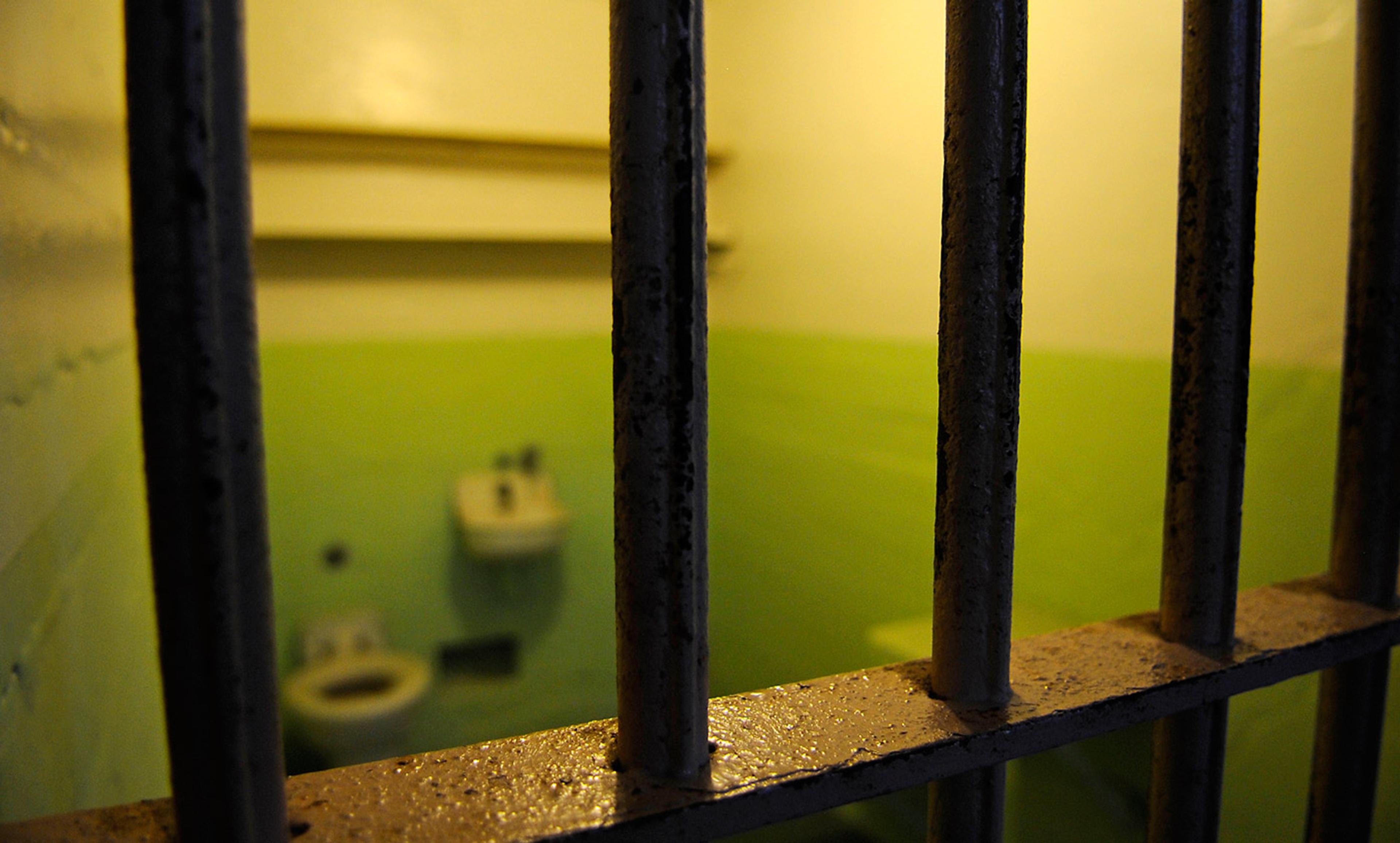A dimly lit prison cell seen from behind metal bars. The cell has green walls, a toilet and a small sink.