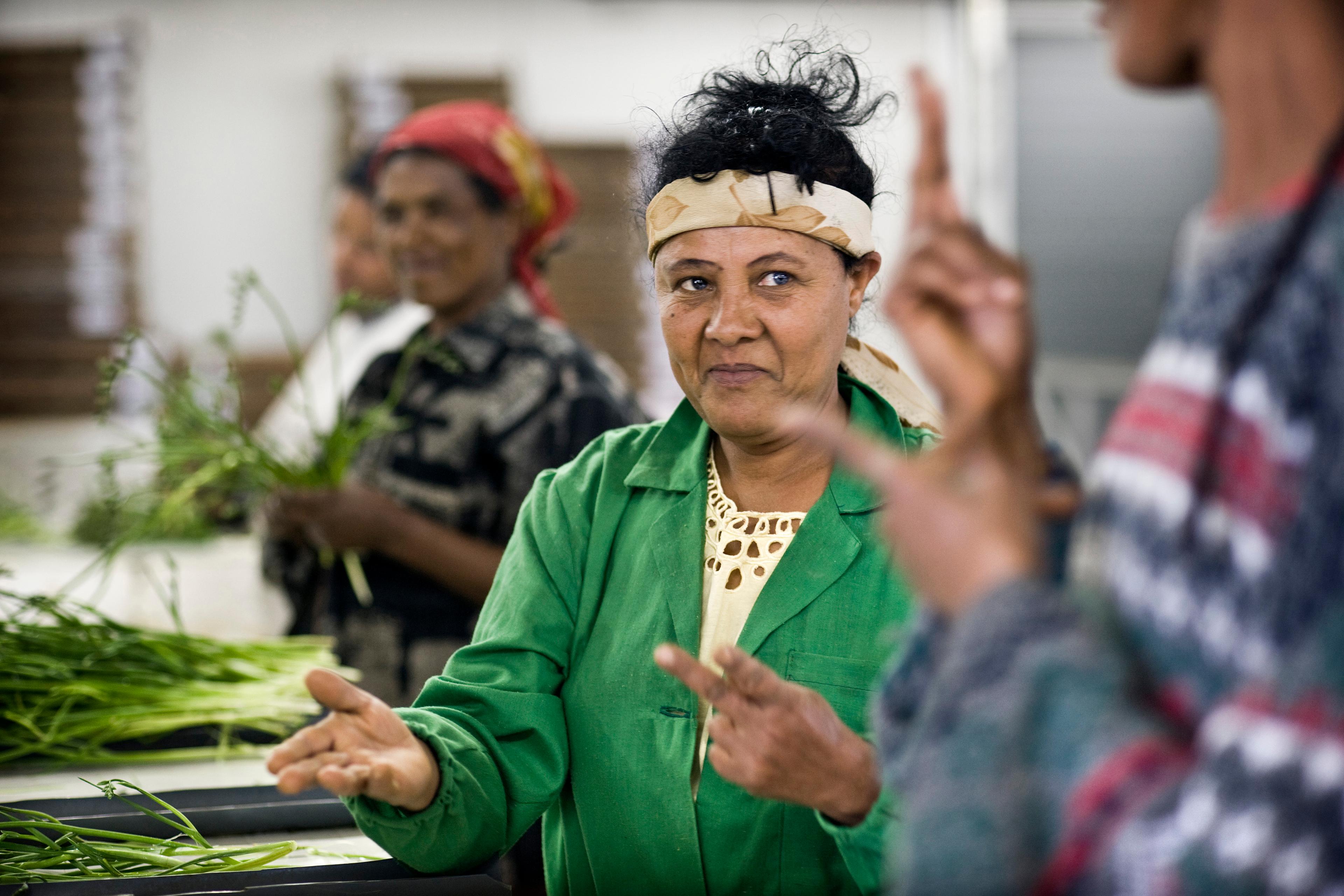 Photo of women working with plants indoors, foreground woman in green engages in sign language with another person.