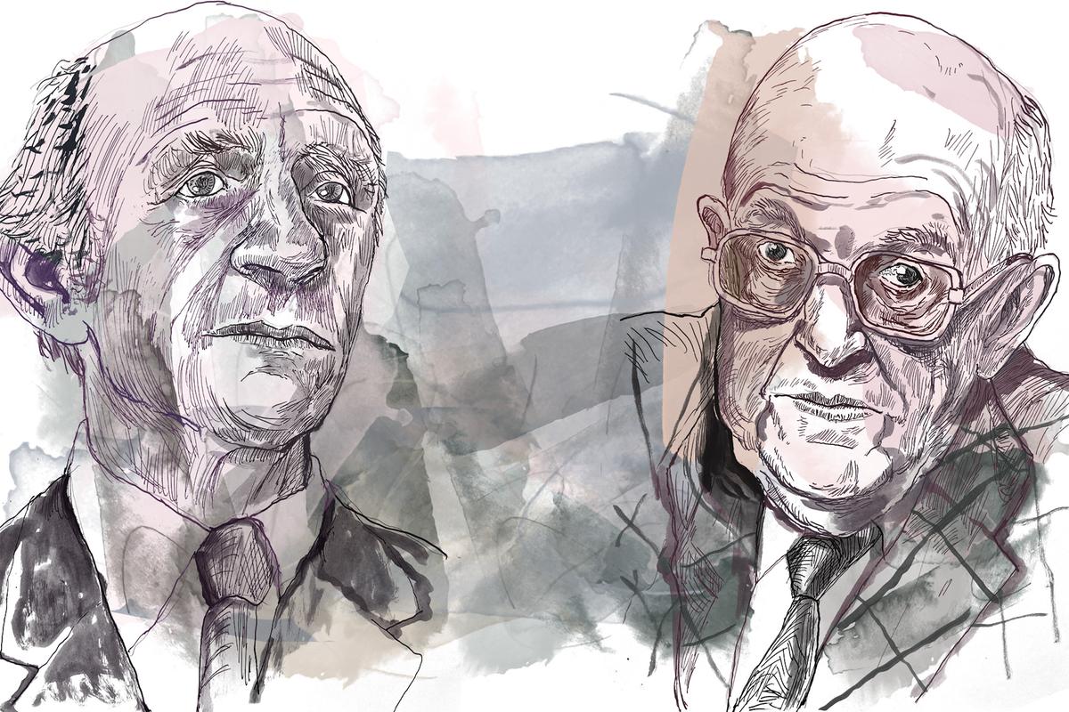 Watercolour painting of two elderly men with detailed facial features on an abstract background.