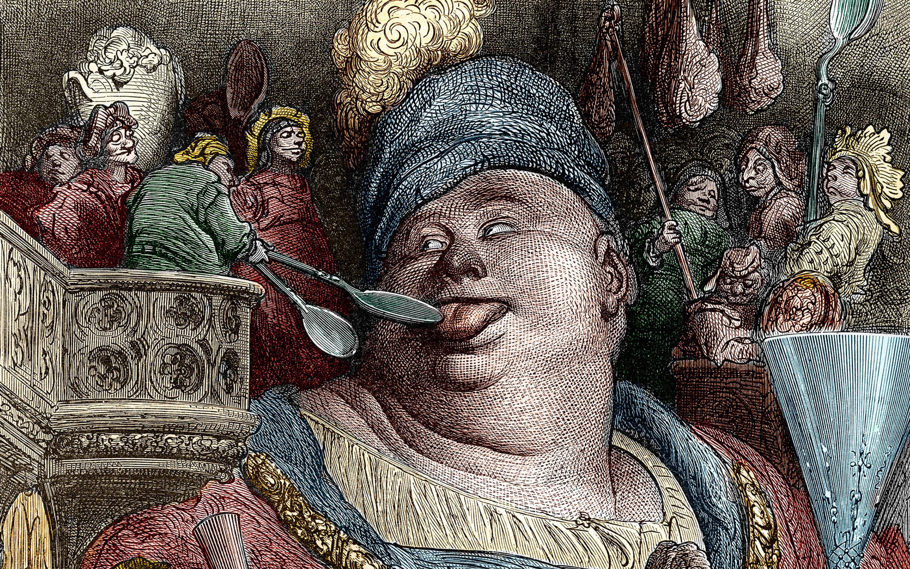 A satirical painting of a giant man being fed with spoons by tiny attendants.