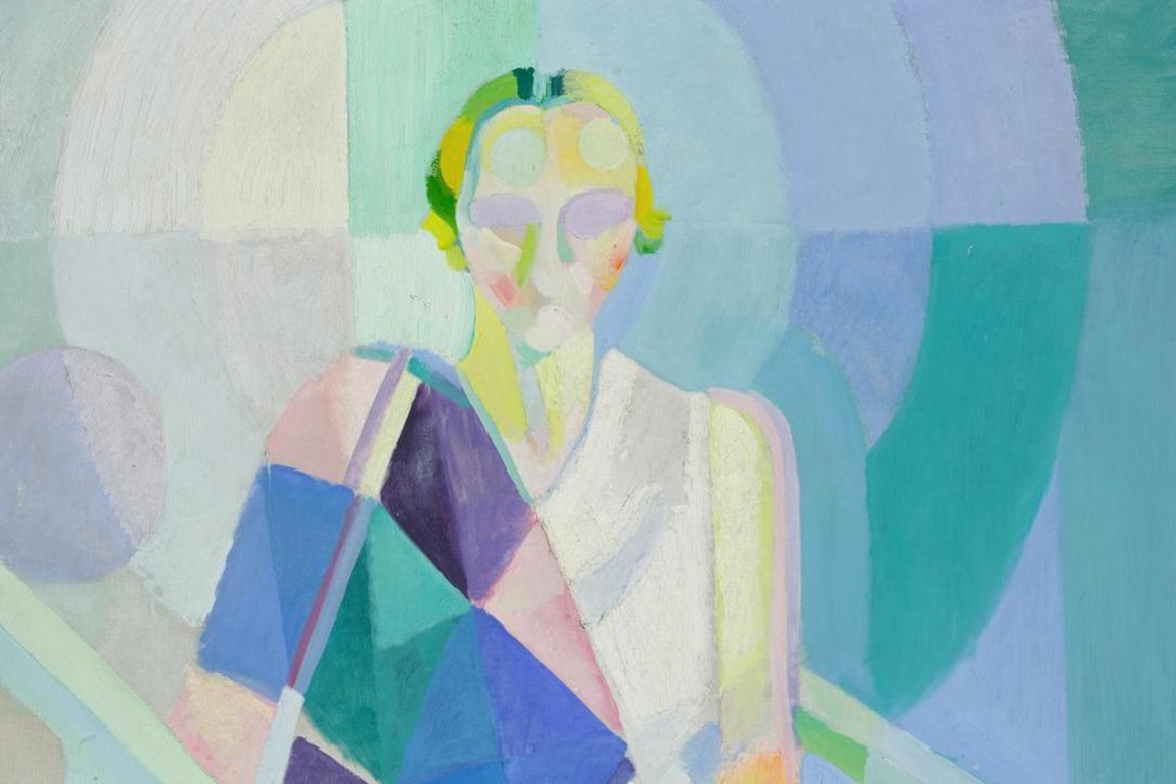 Abstract painting of a woman with geometric shapes in pastel colours, featuring a blend of blues, greens and yellows.