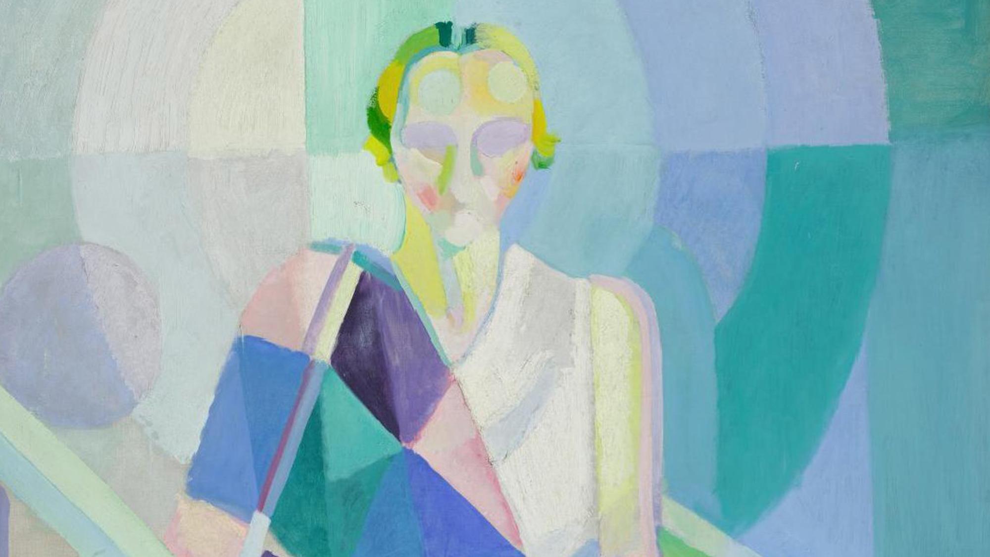 Abstract painting of a woman with geometric shapes in pastel colours, featuring a blend of blues, greens and yellows.