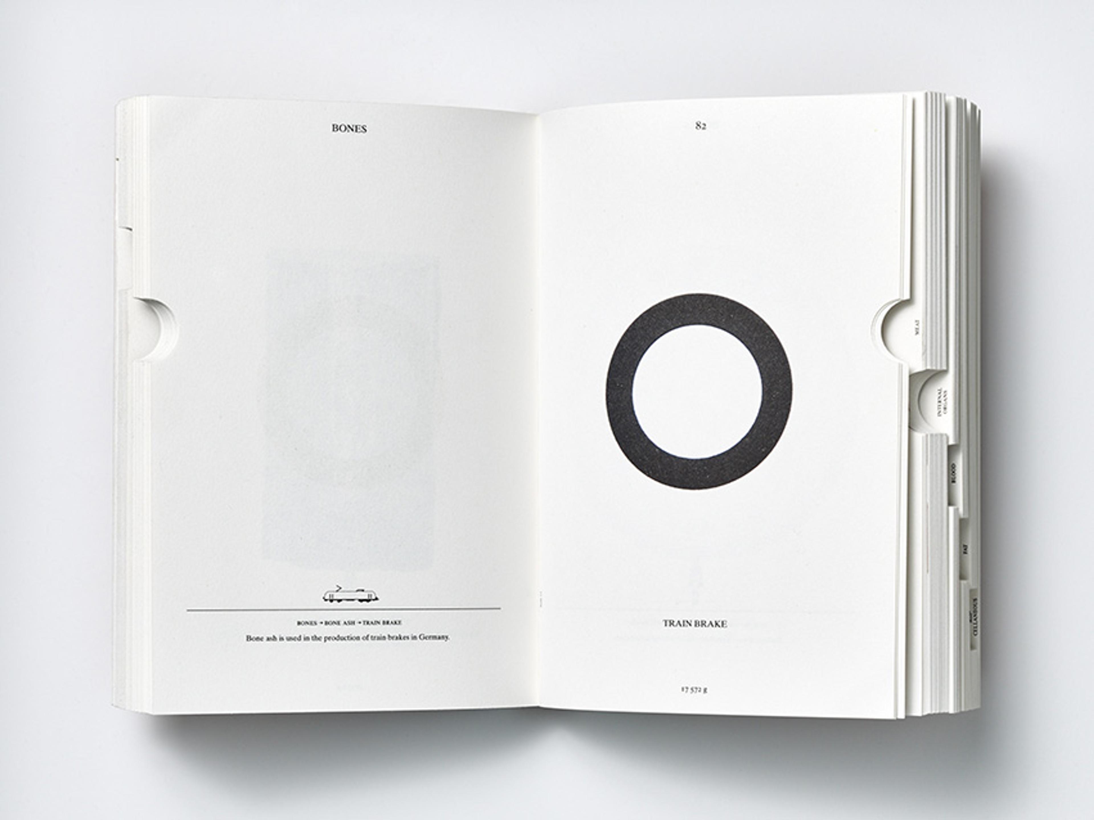 Open book showing a page with the word ‘BONES’ and a faint image on the left, and a black circle with text ‘TRAIN BRAKE’ on the right.