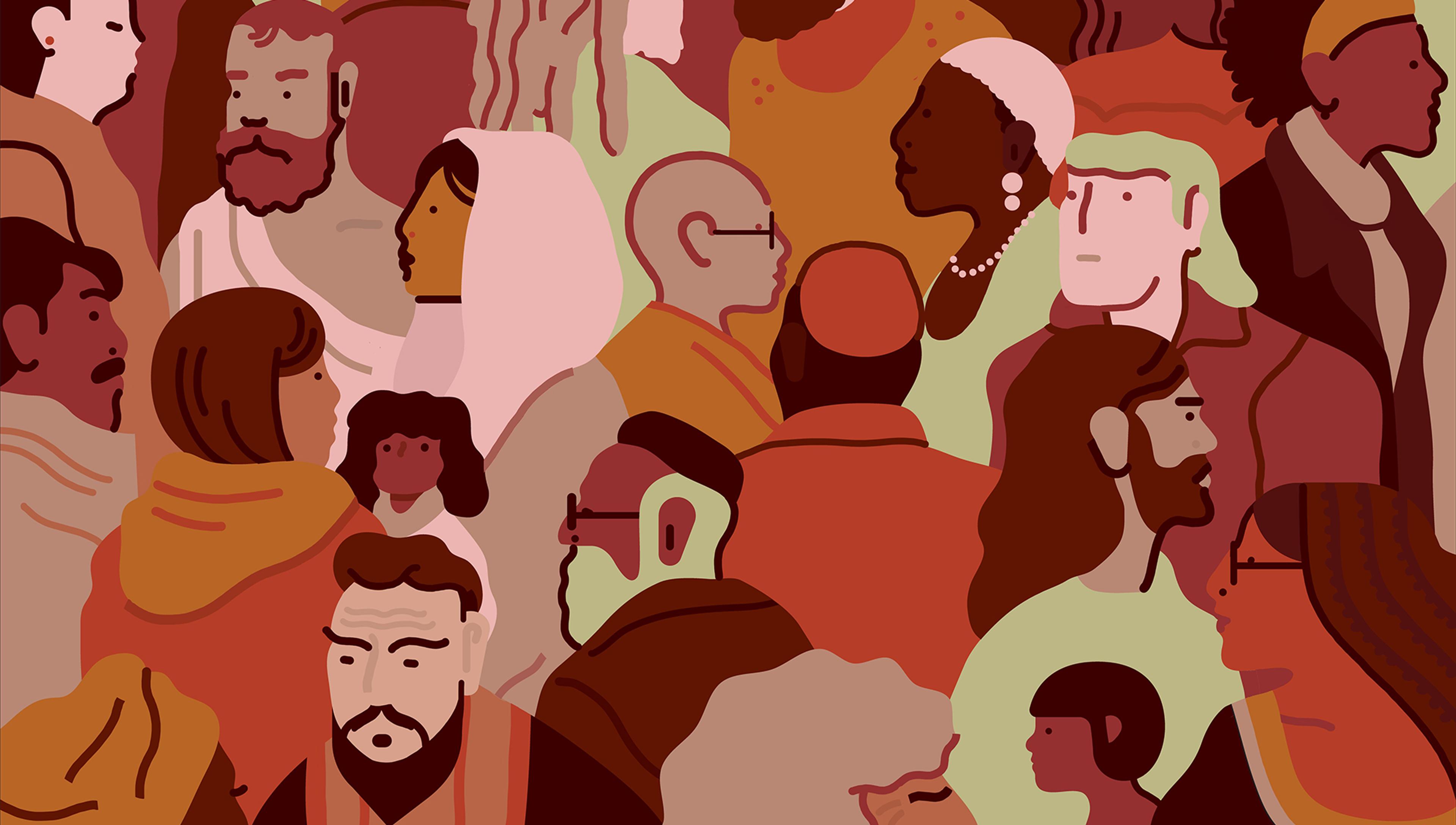 Illustration of diverse people in warm earth tones overlapping in a crowd, highlighting various cultures and expressions.