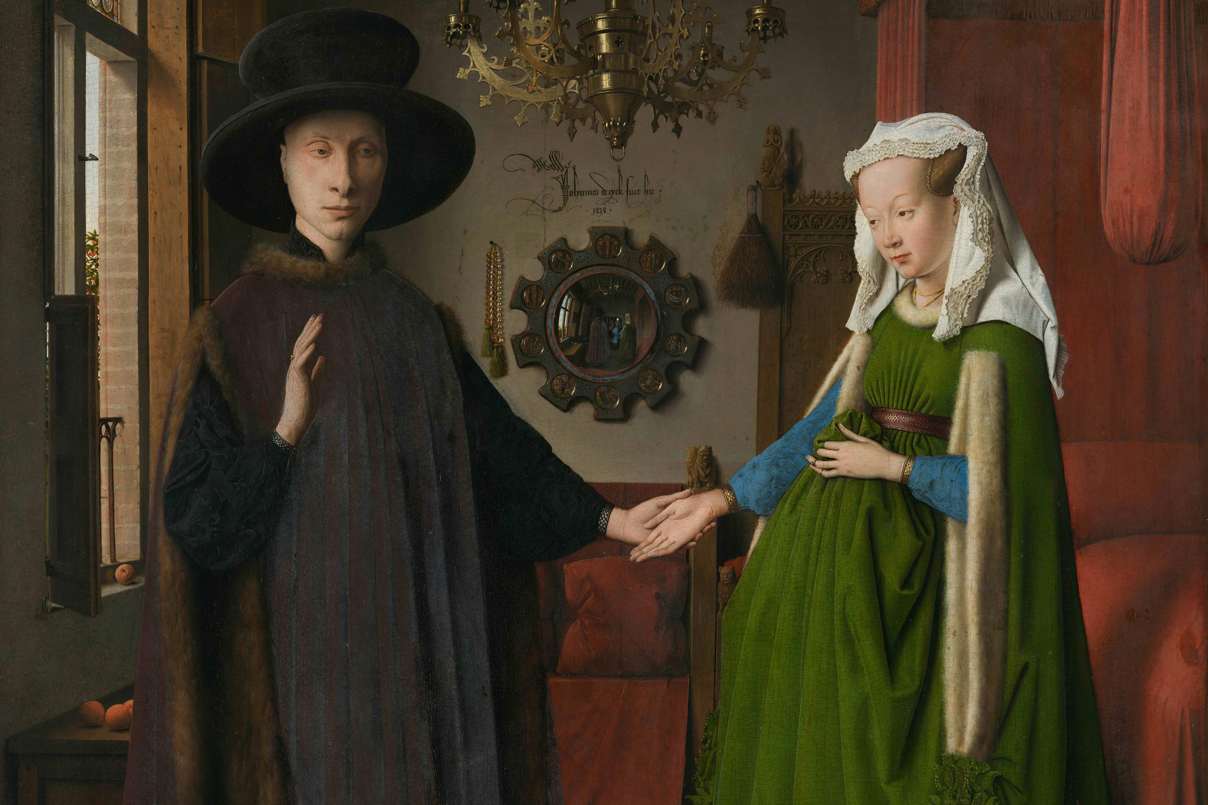 A painting of a man and woman holding hands indoors with a small dog at their feet. The room is richly decorated.