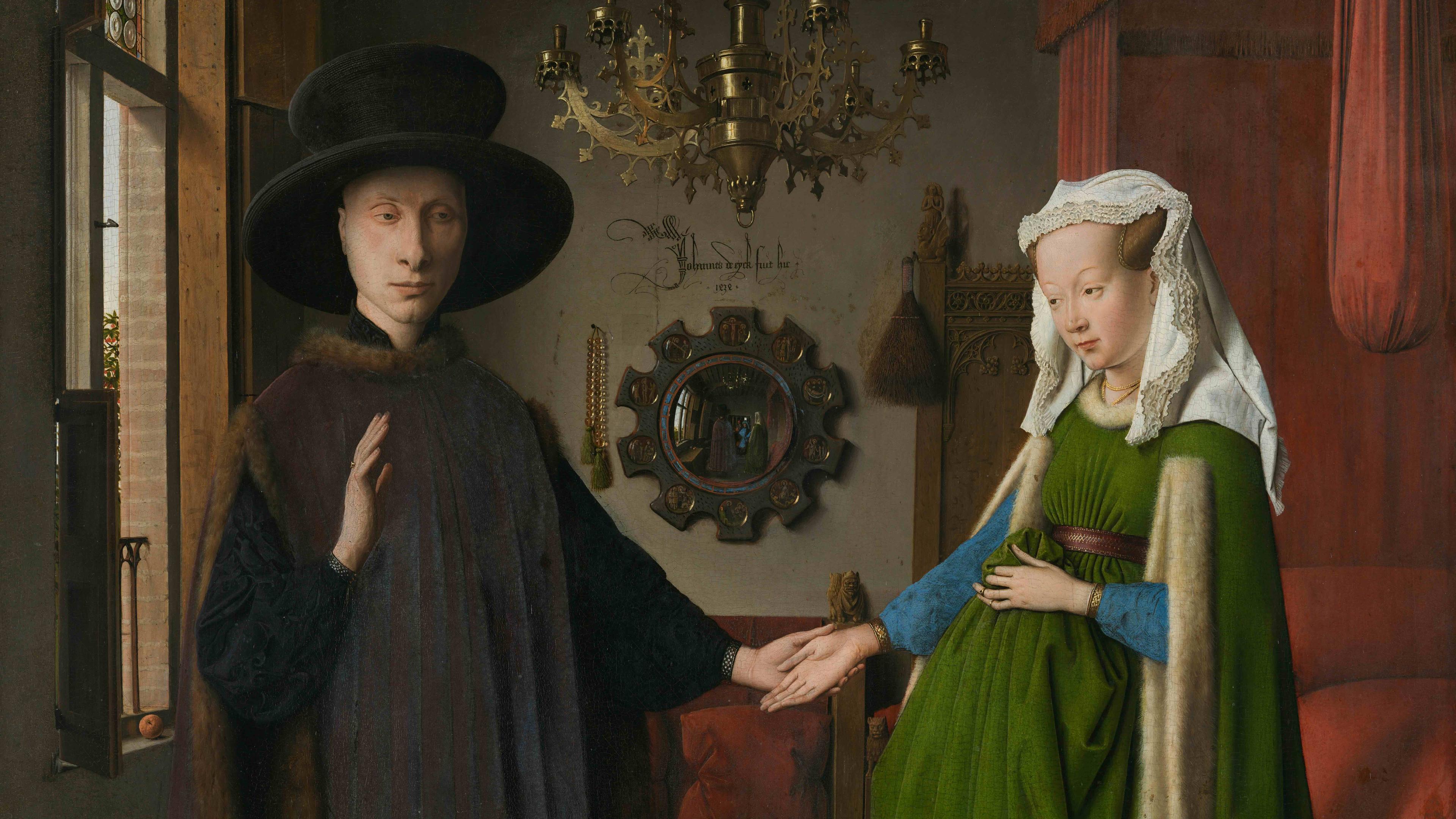 A painting of a man and woman holding hands indoors with a small dog at their feet. The room is richly decorated.