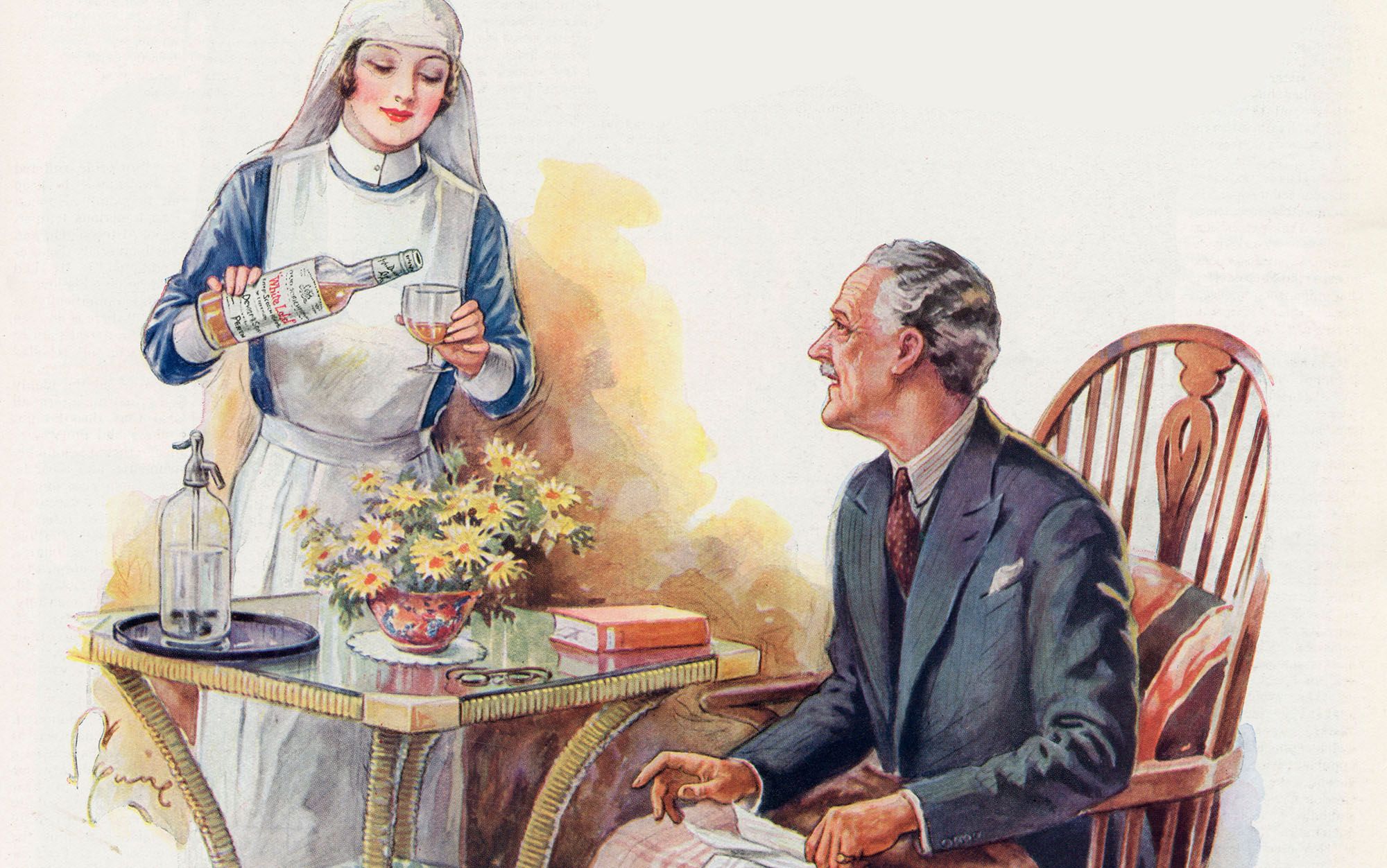 Illustration of a nurse pouring a drink for a seated man at a table with flowers and books.