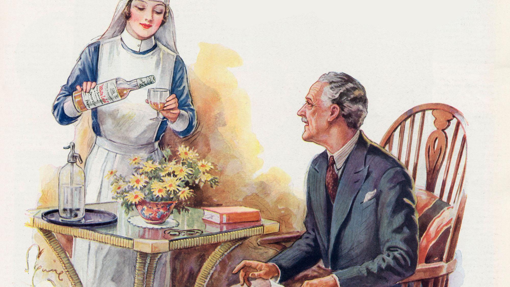 Illustration of a nurse pouring a drink for a seated man at a table with flowers and books.