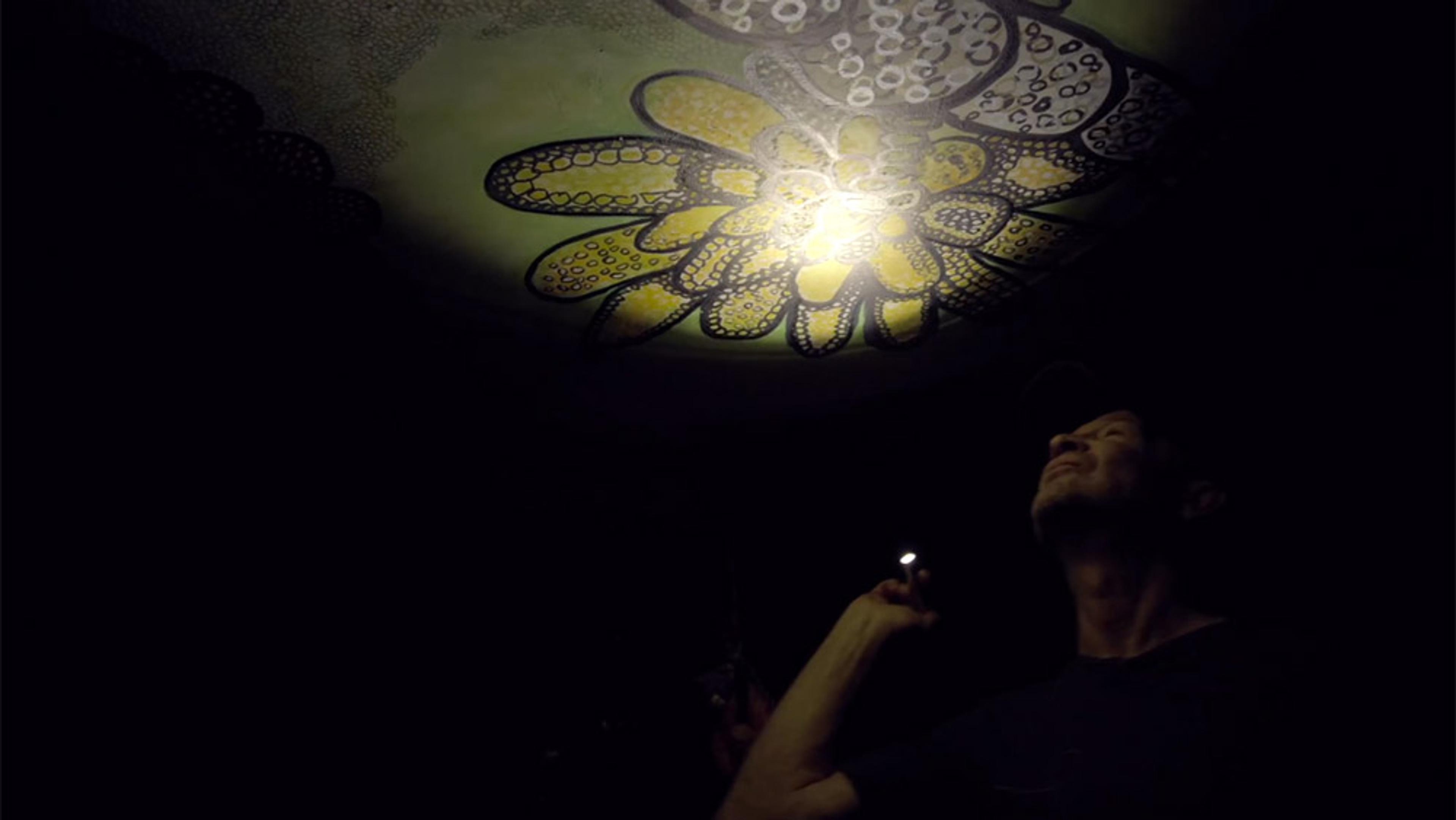 A man shines a light on a colourful ceiling mural of overlapping patterns in the dark.