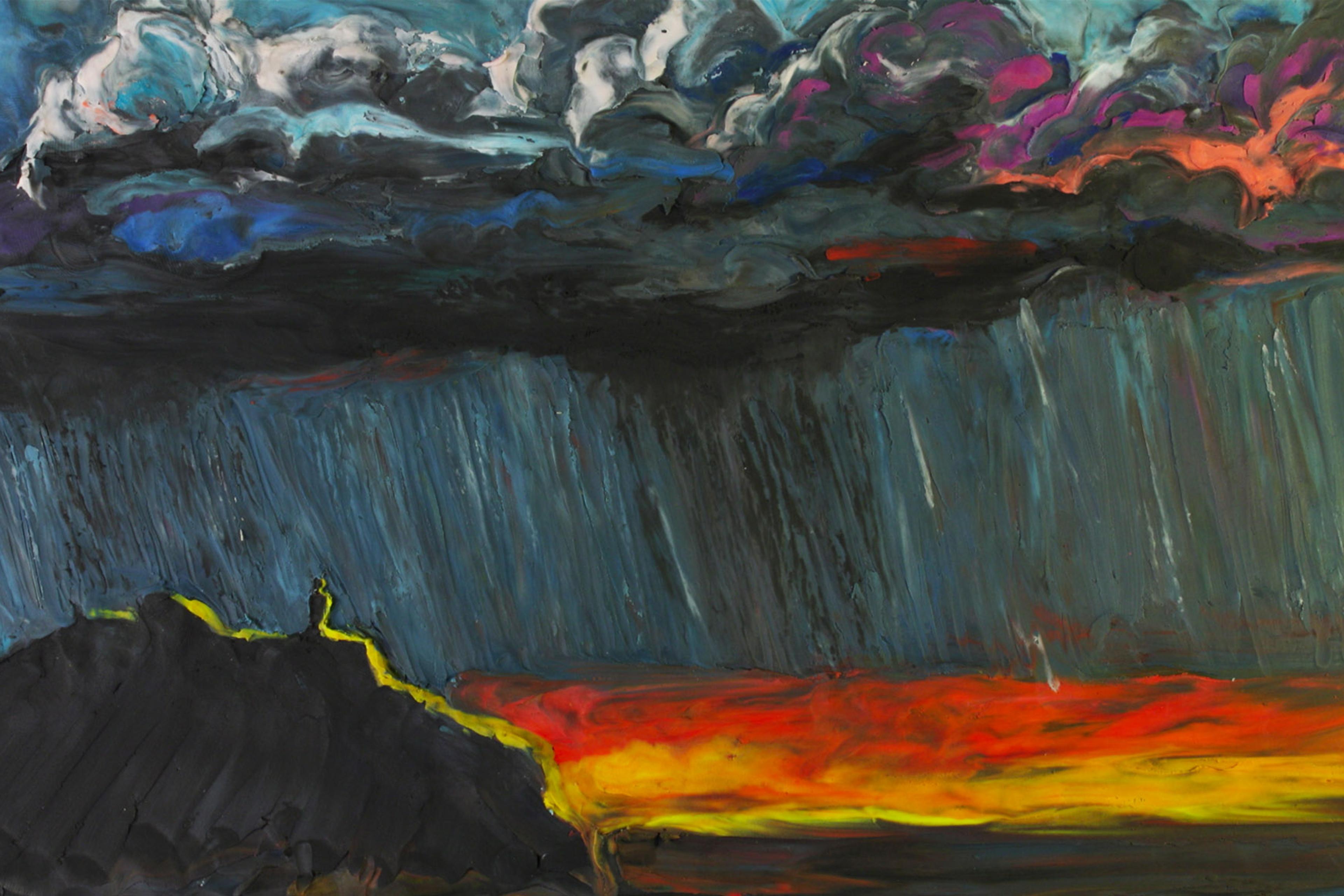 Abstract painting of a person on a cliff under stormy skies with colourful clouds and rain, contrasted by vibrant red and yellow below.