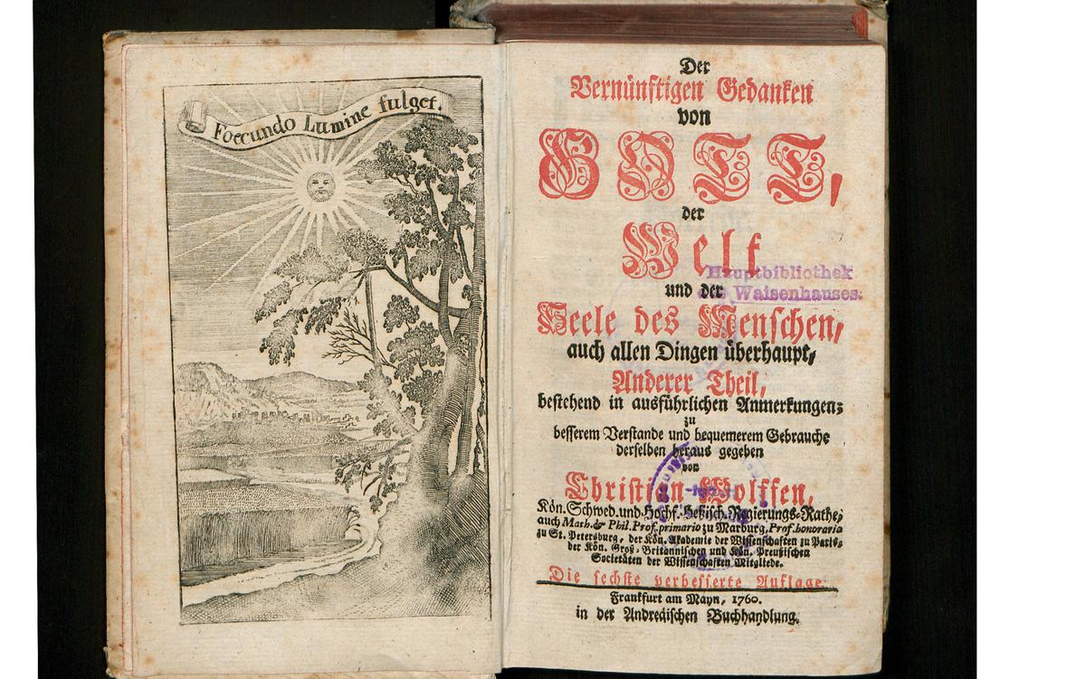 The title page and frontispiece engraving of an 18th-century book written in German. The title of the book is written in red in a Gothic font