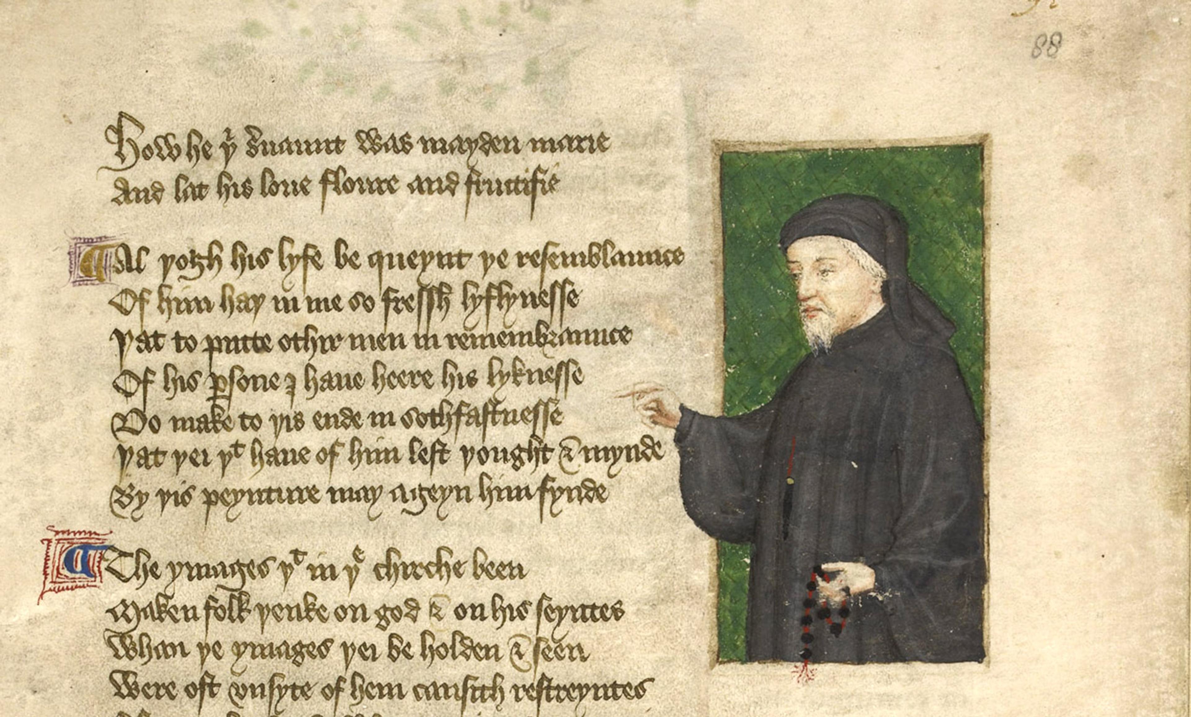 <p>A portrait of Geoffrey Chaucer from <em>the Regiment of Princes</em>, <em>c1400-</em>1450. <em>Courtesy the British Library</em></p>