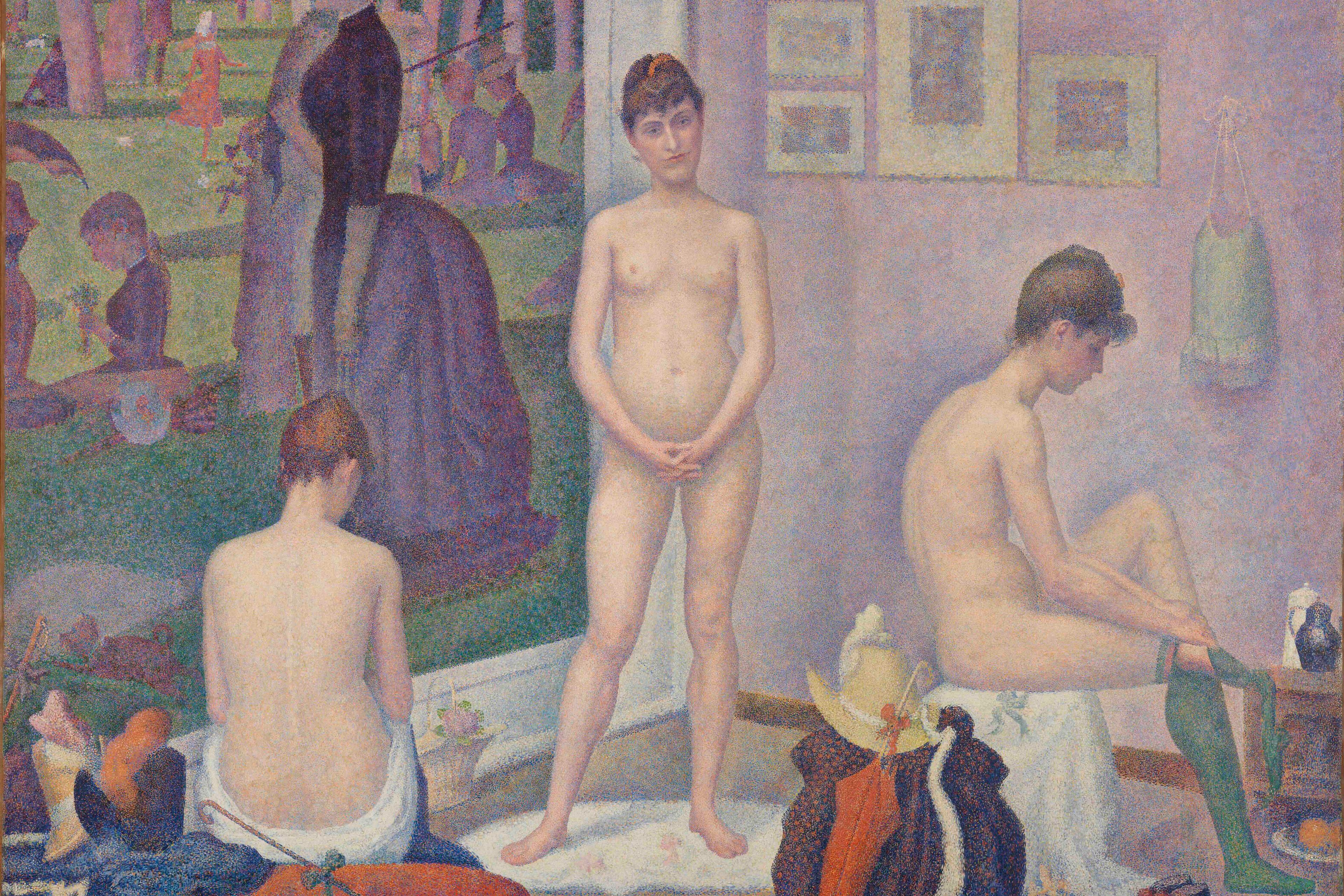Painting of three nude women indoors with a park scene outside the window. Pointillist style with muted pastel colours.