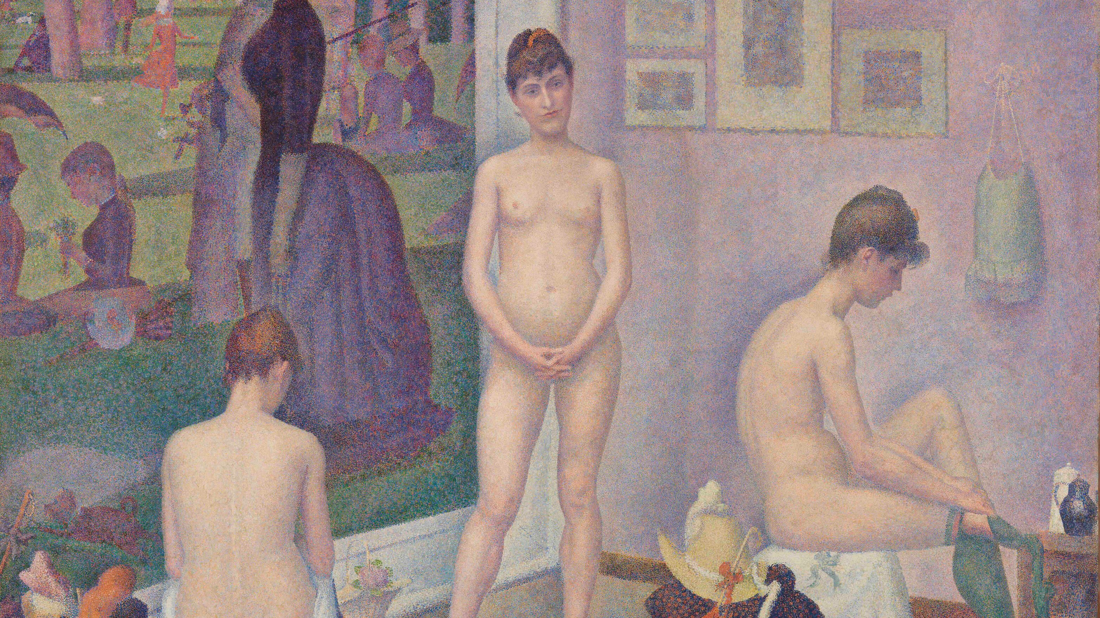 Painting of three nude women indoors with a park scene outside the window. Pointillist style with muted pastel colours.