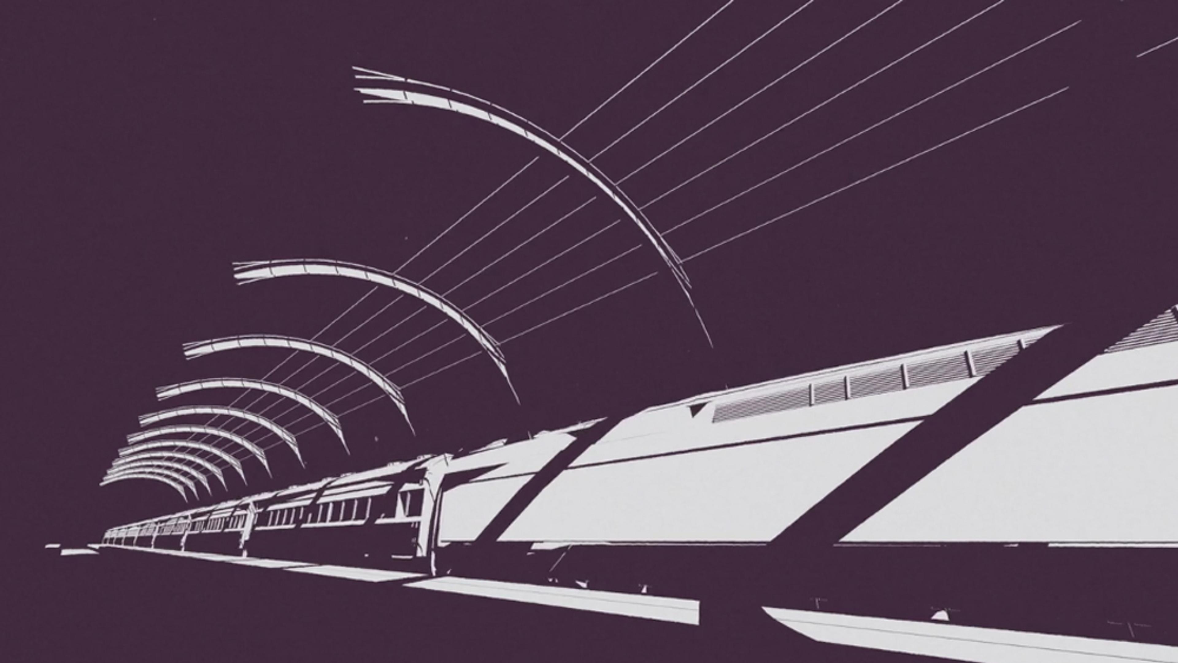 Illustration of a sleek, modern train at a station with curved overhead structures and a minimalist black and white design.
