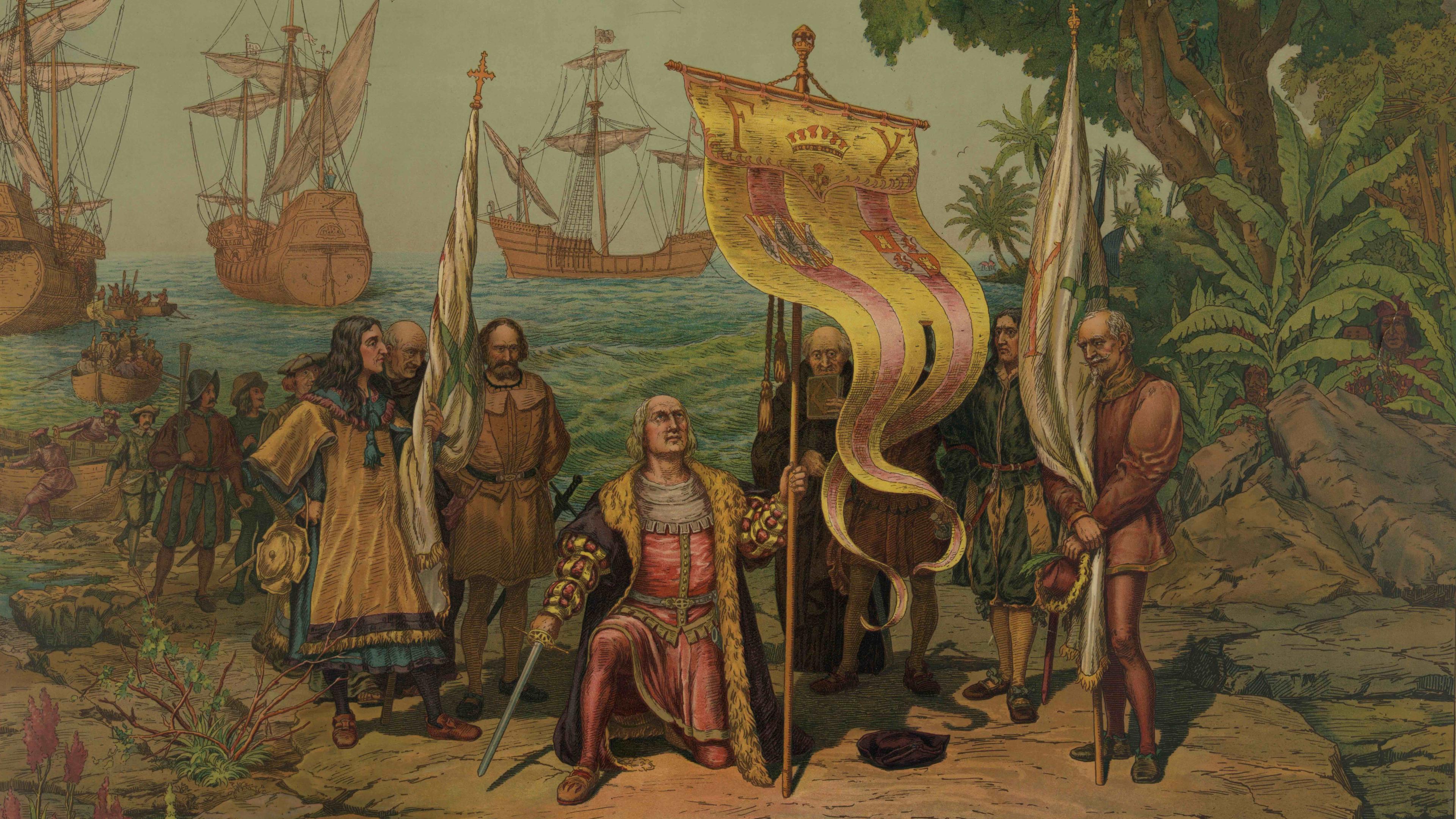 Painting of a historical scene with ships and a group of people onshore, central figure holding a flag in a tropical setting.